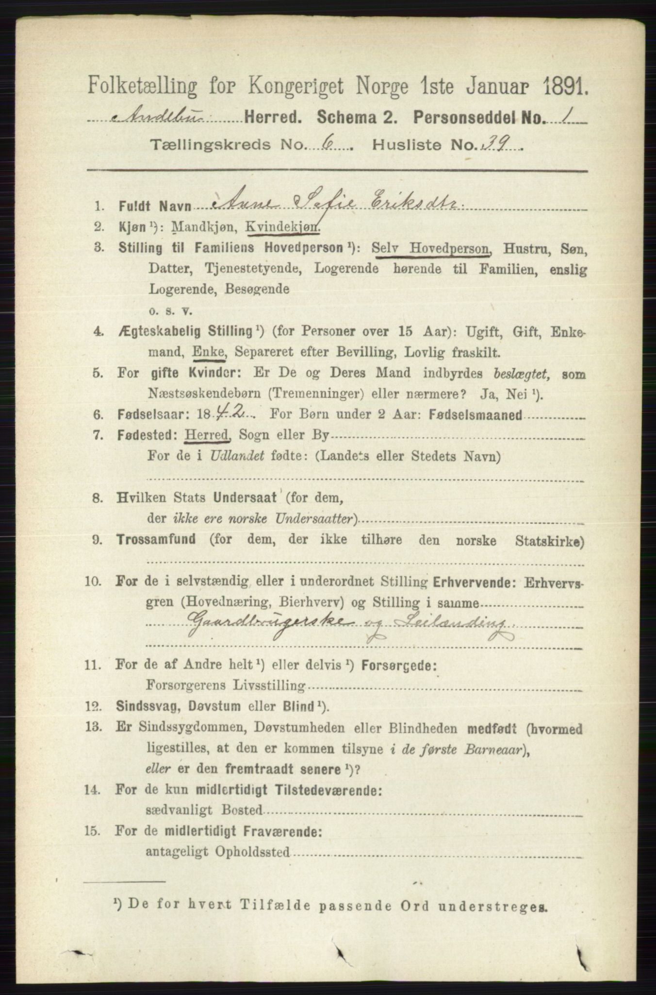 RA, 1891 census for 0719 Andebu, 1891, p. 3311