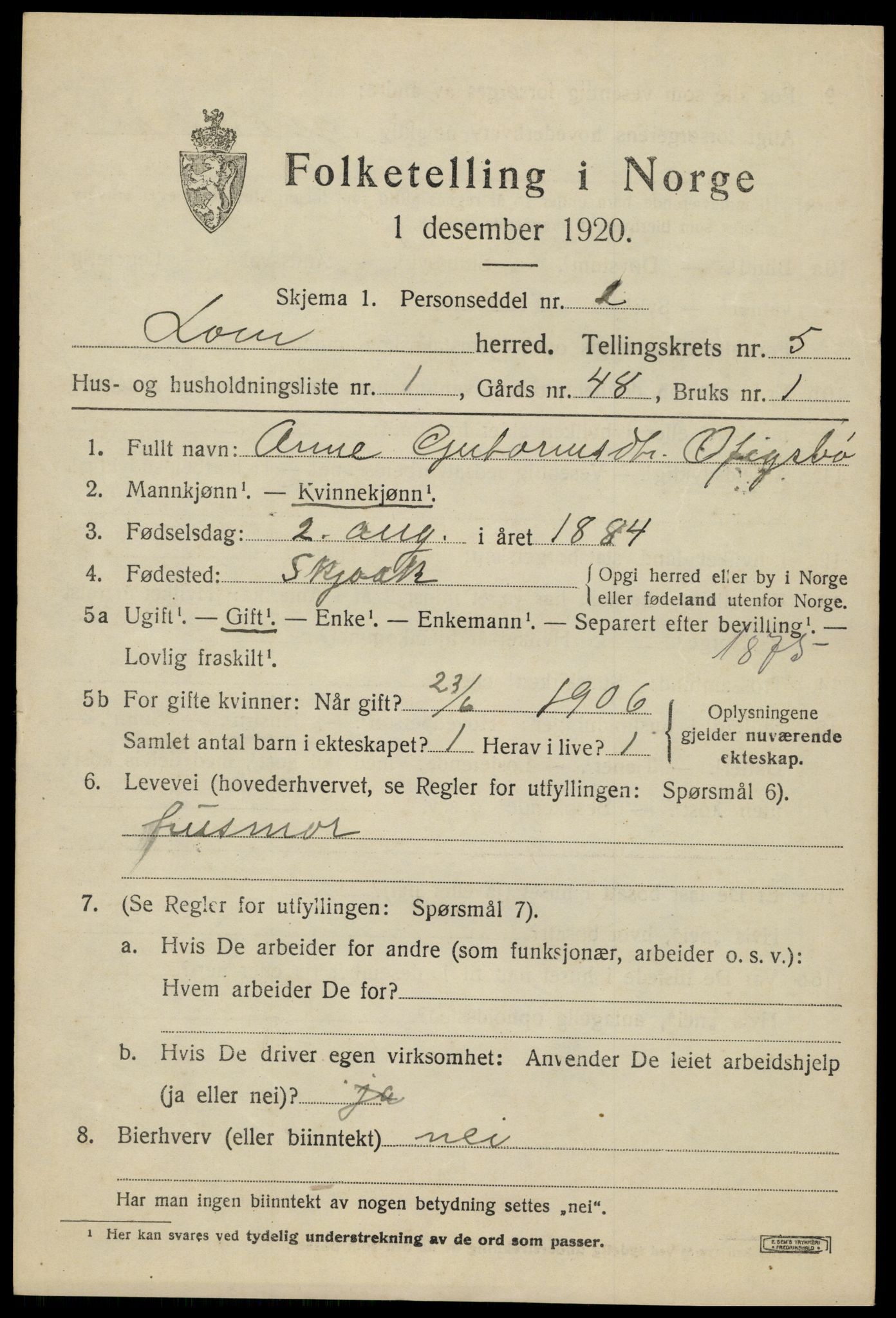 SAH, 1920 census for Lom, 1920, p. 3150