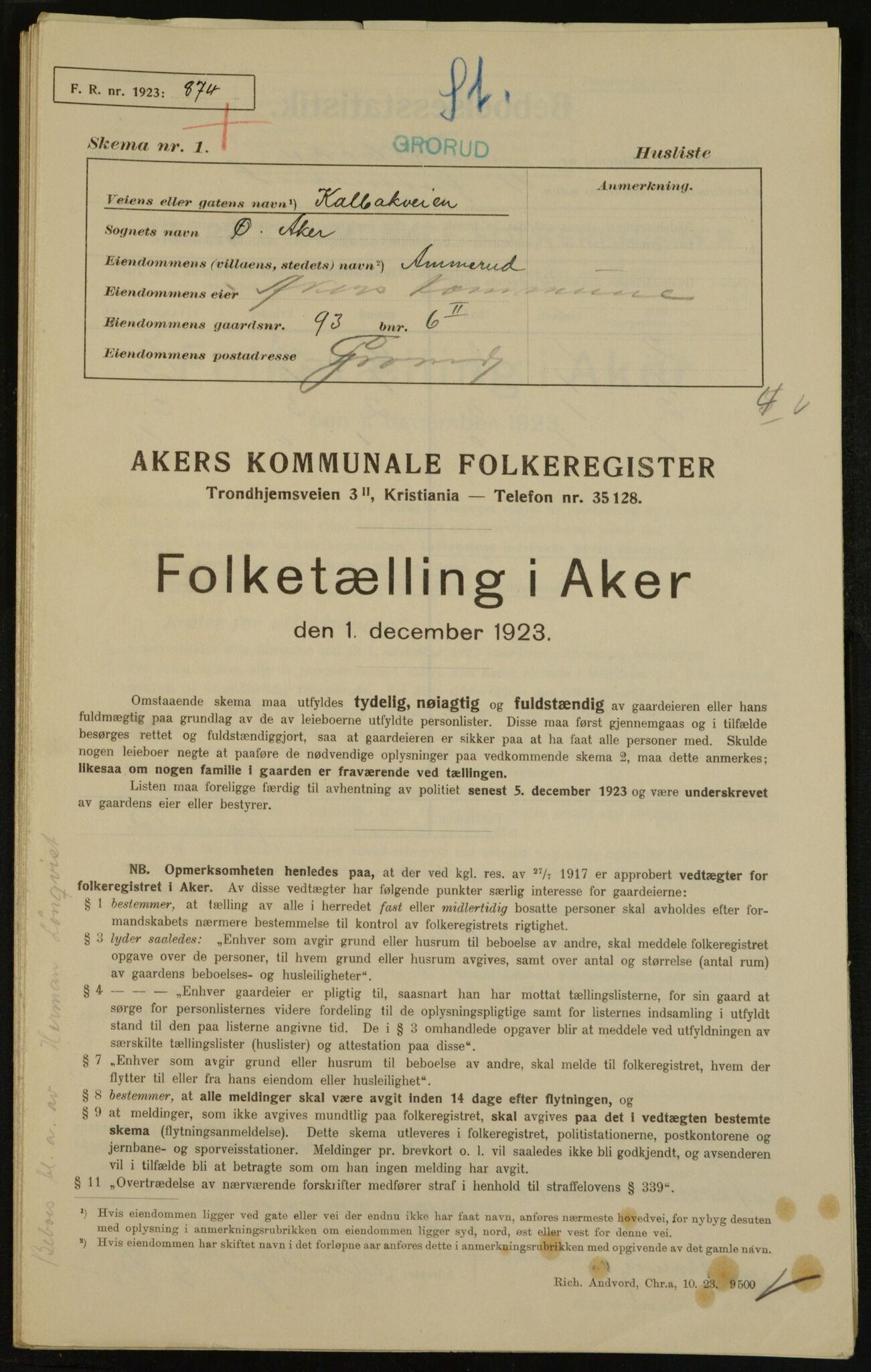 , Municipal Census 1923 for Aker, 1923, p. 28161