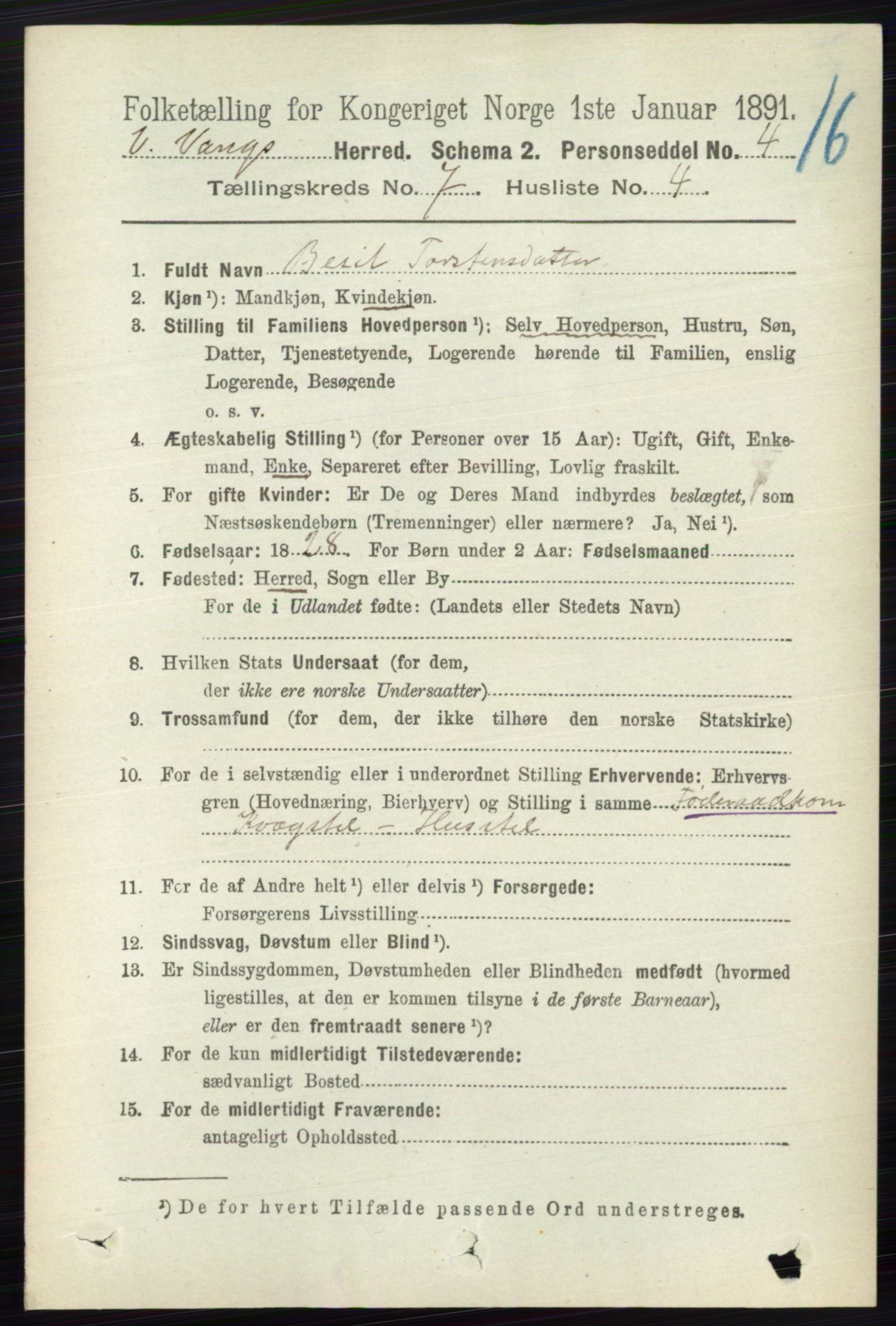 RA, 1891 census for 0545 Vang, 1891, p. 1442