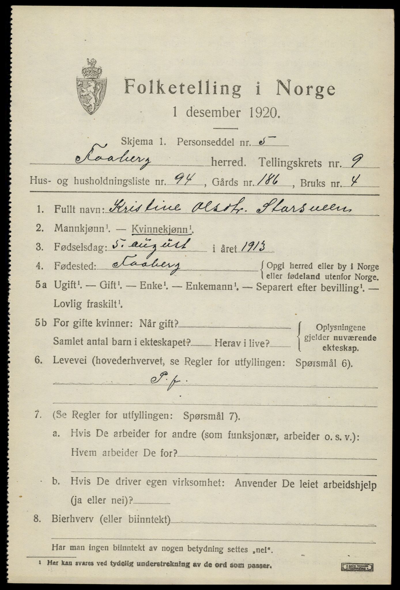 SAH, 1920 census for Fåberg, 1920, p. 11540