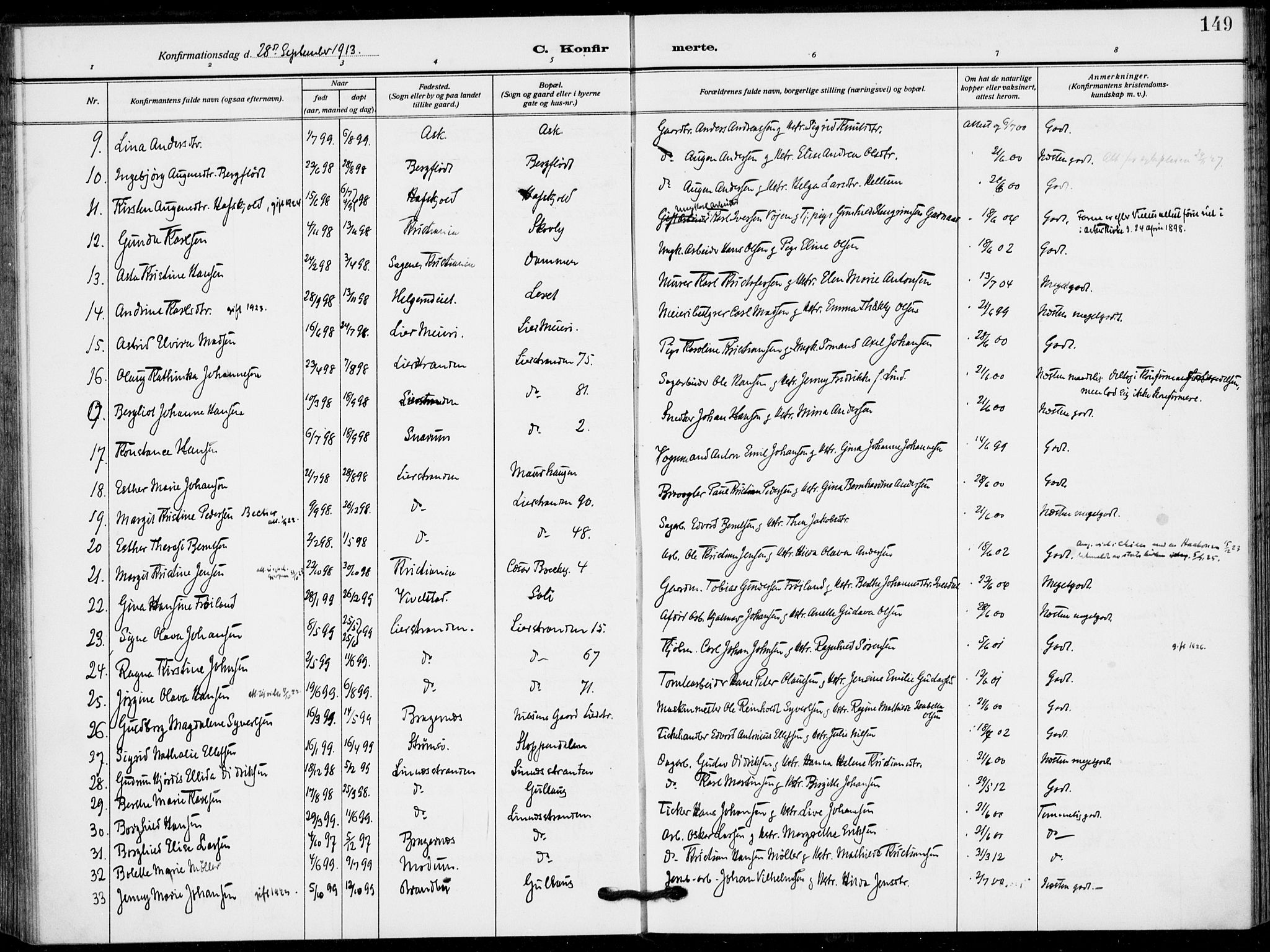 Lier kirkebøker, AV/SAKO-A-230/F/Fa/L0018: Parish register (official) no. I 18, 1909-1917, p. 149