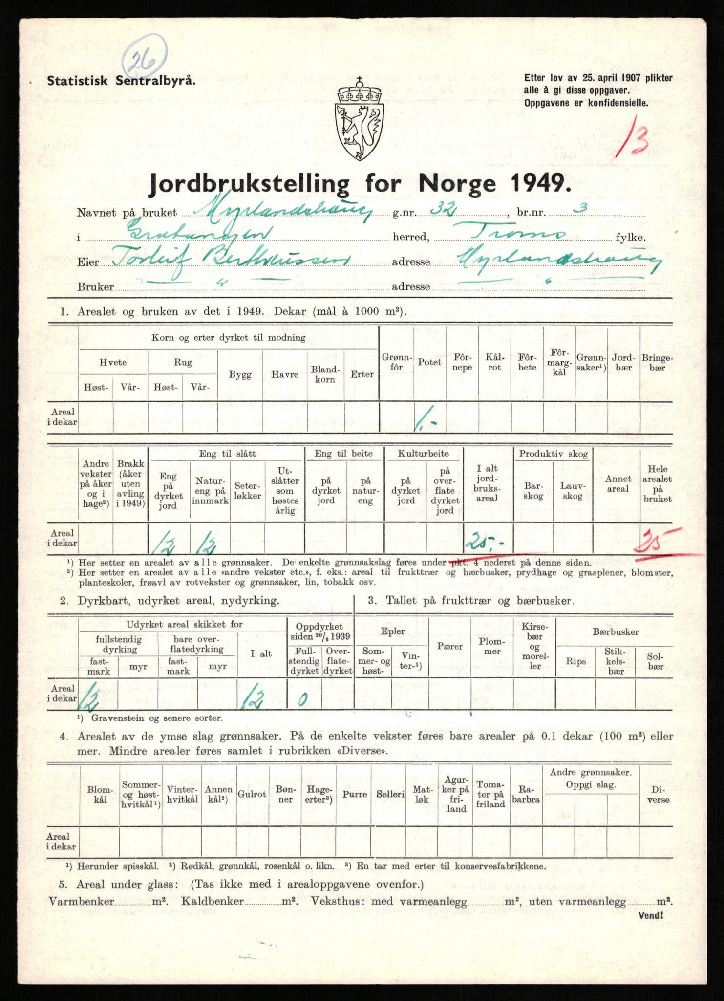 Statistisk sentralbyrå, Næringsøkonomiske emner, Jordbruk, skogbruk, jakt, fiske og fangst, AV/RA-S-2234/G/Gc/L0437: Troms: Gratangen og Lavangen, 1949, p. 1122