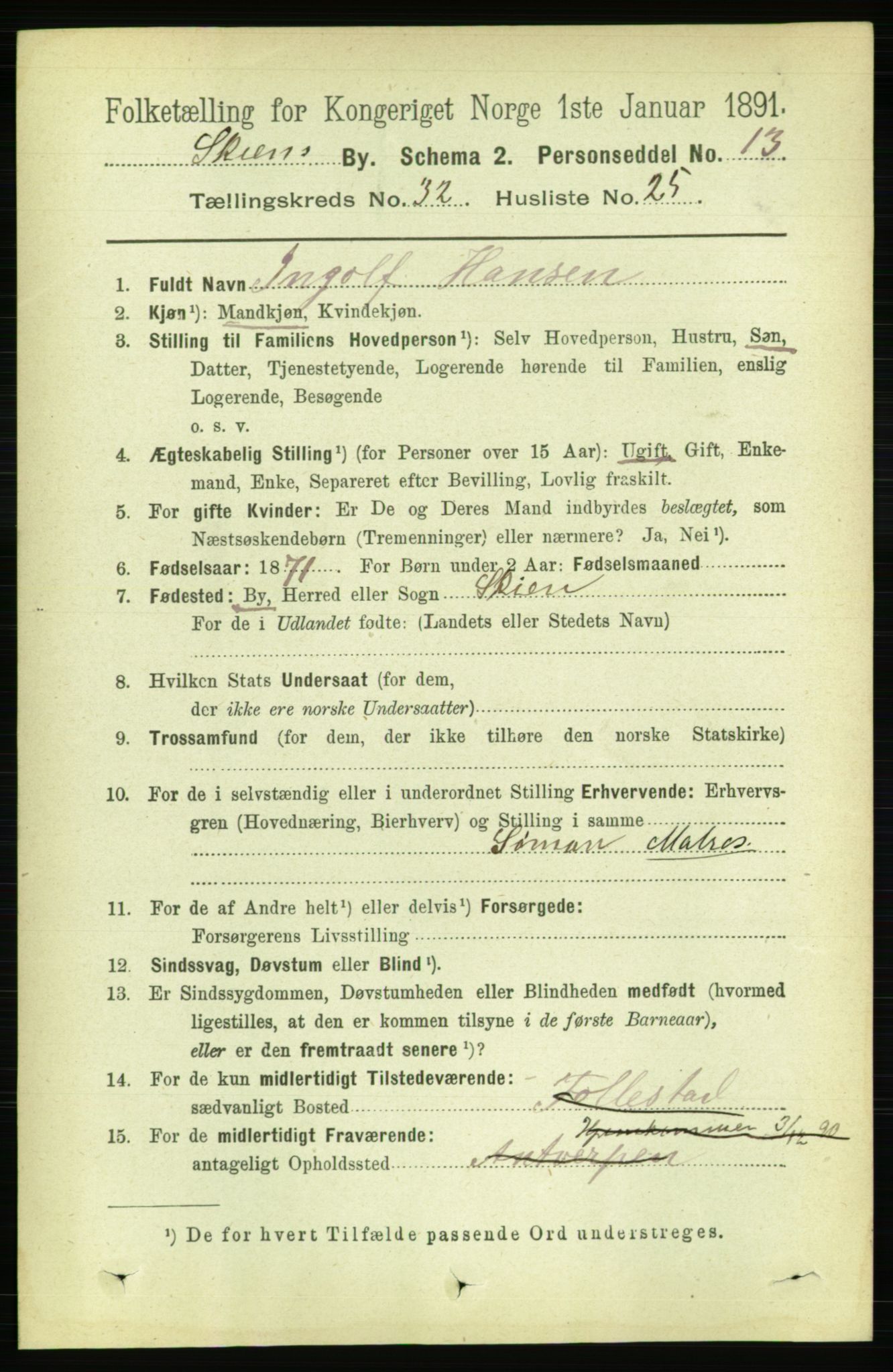 RA, 1891 census for 0806 Skien, 1891, p. 7406