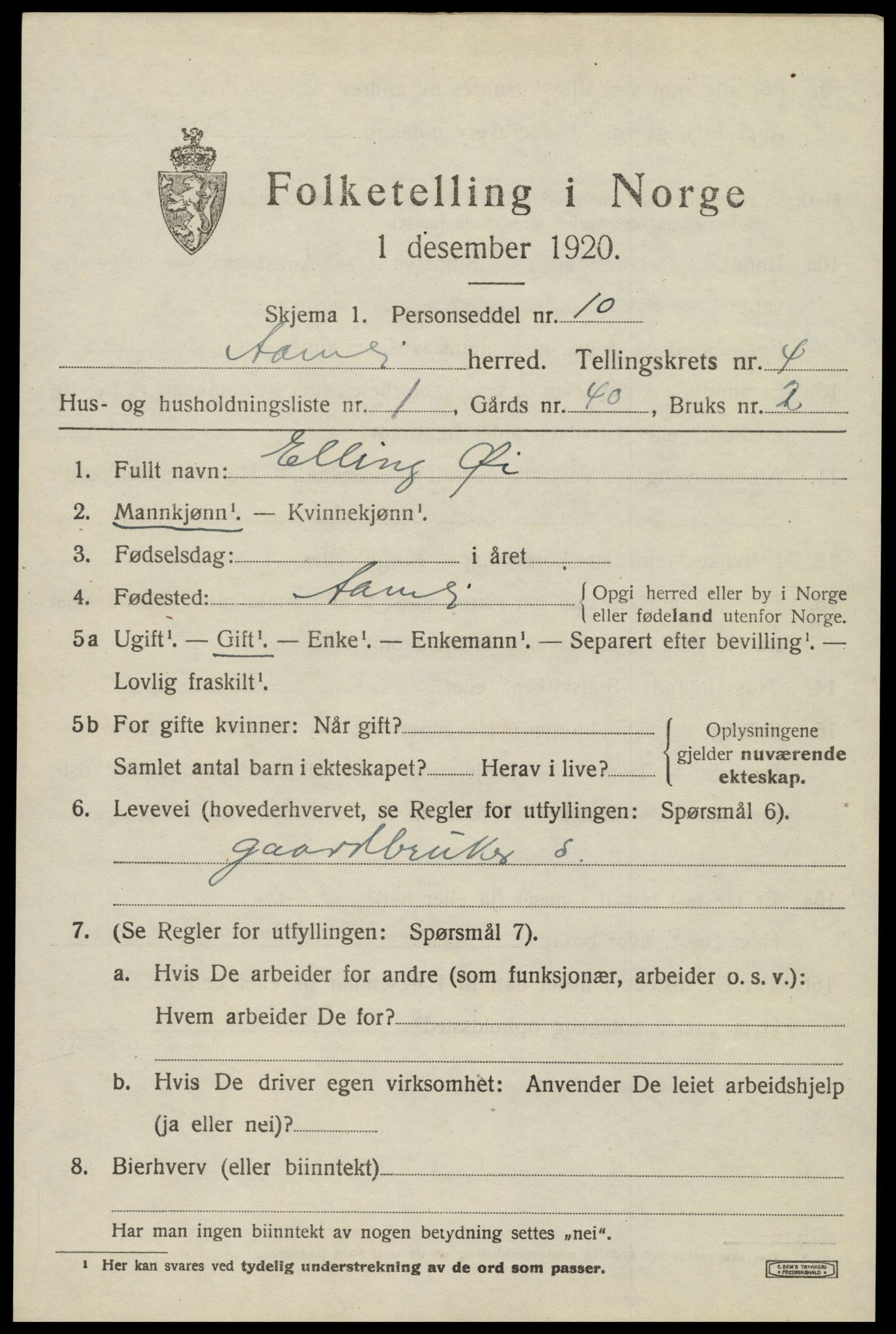 SAK, 1920 census for Åmli, 1920, p. 1869