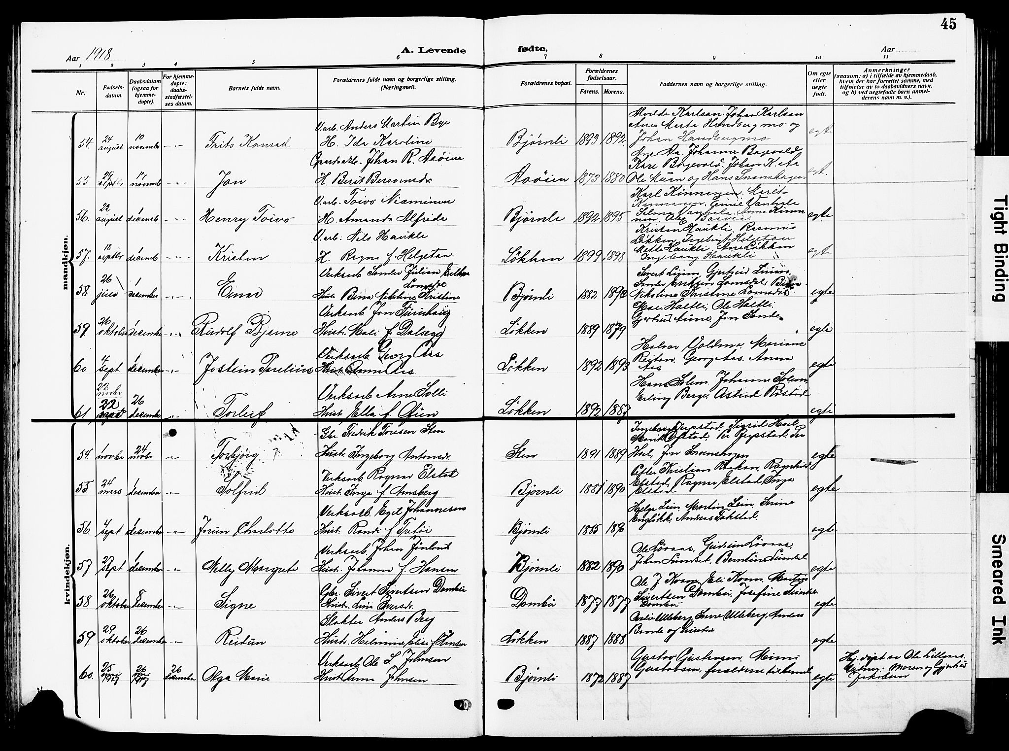 Ministerialprotokoller, klokkerbøker og fødselsregistre - Sør-Trøndelag, SAT/A-1456/672/L0865: Parish register (copy) no. 672C04, 1914-1928, p. 45