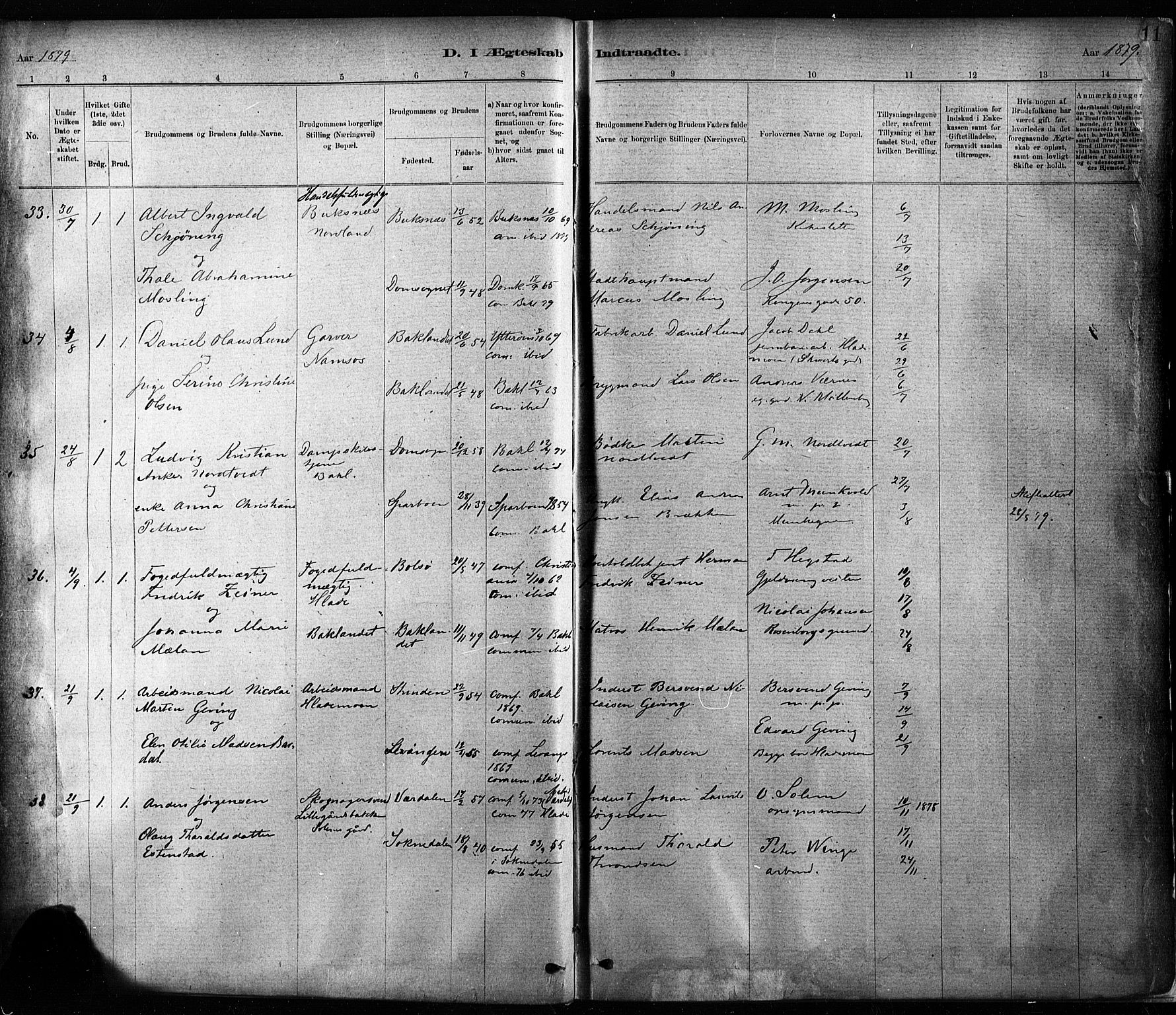 Ministerialprotokoller, klokkerbøker og fødselsregistre - Sør-Trøndelag, AV/SAT-A-1456/604/L0189: Parish register (official) no. 604A10, 1878-1892, p. 11