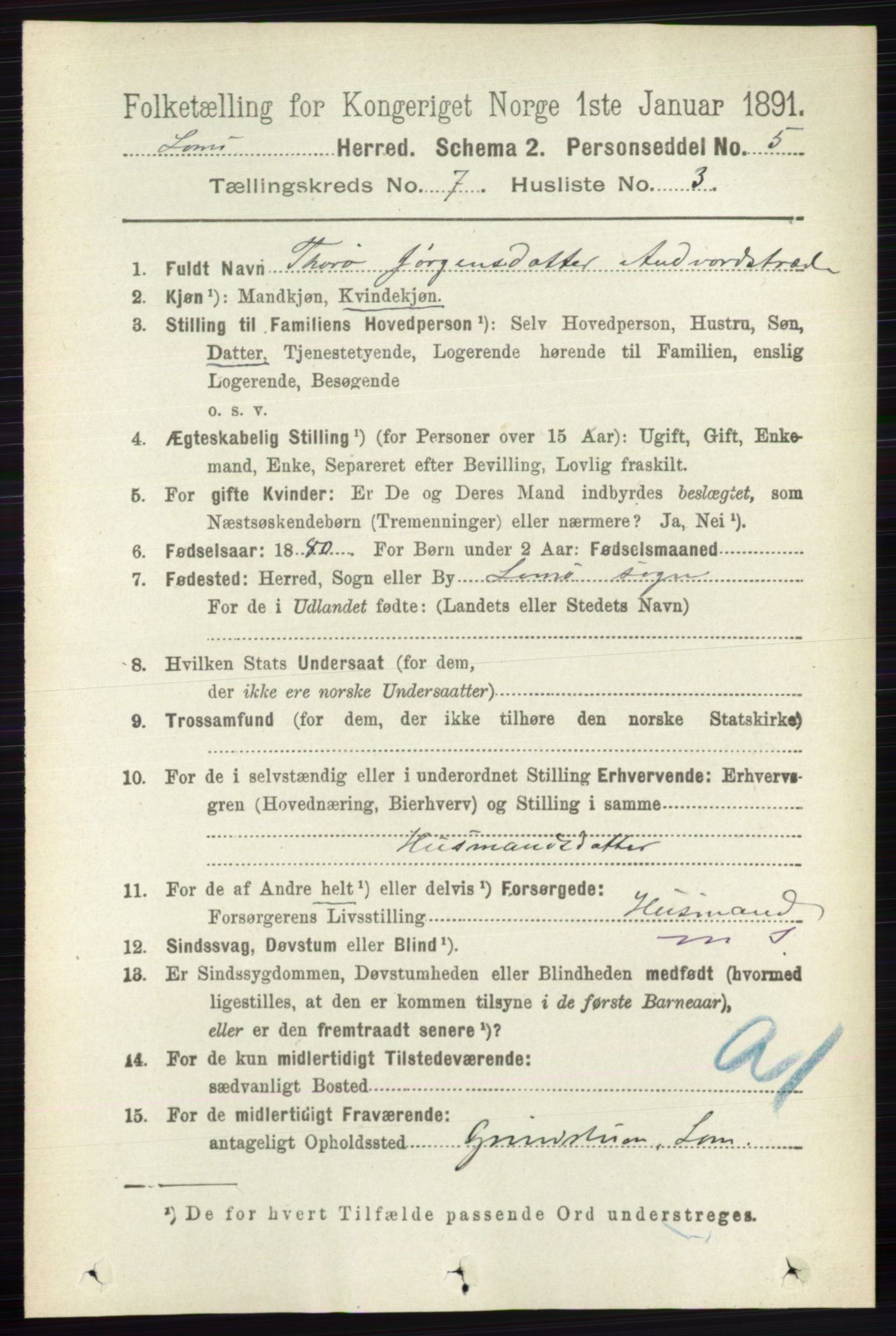 RA, 1891 census for 0514 Lom, 1891, p. 2814