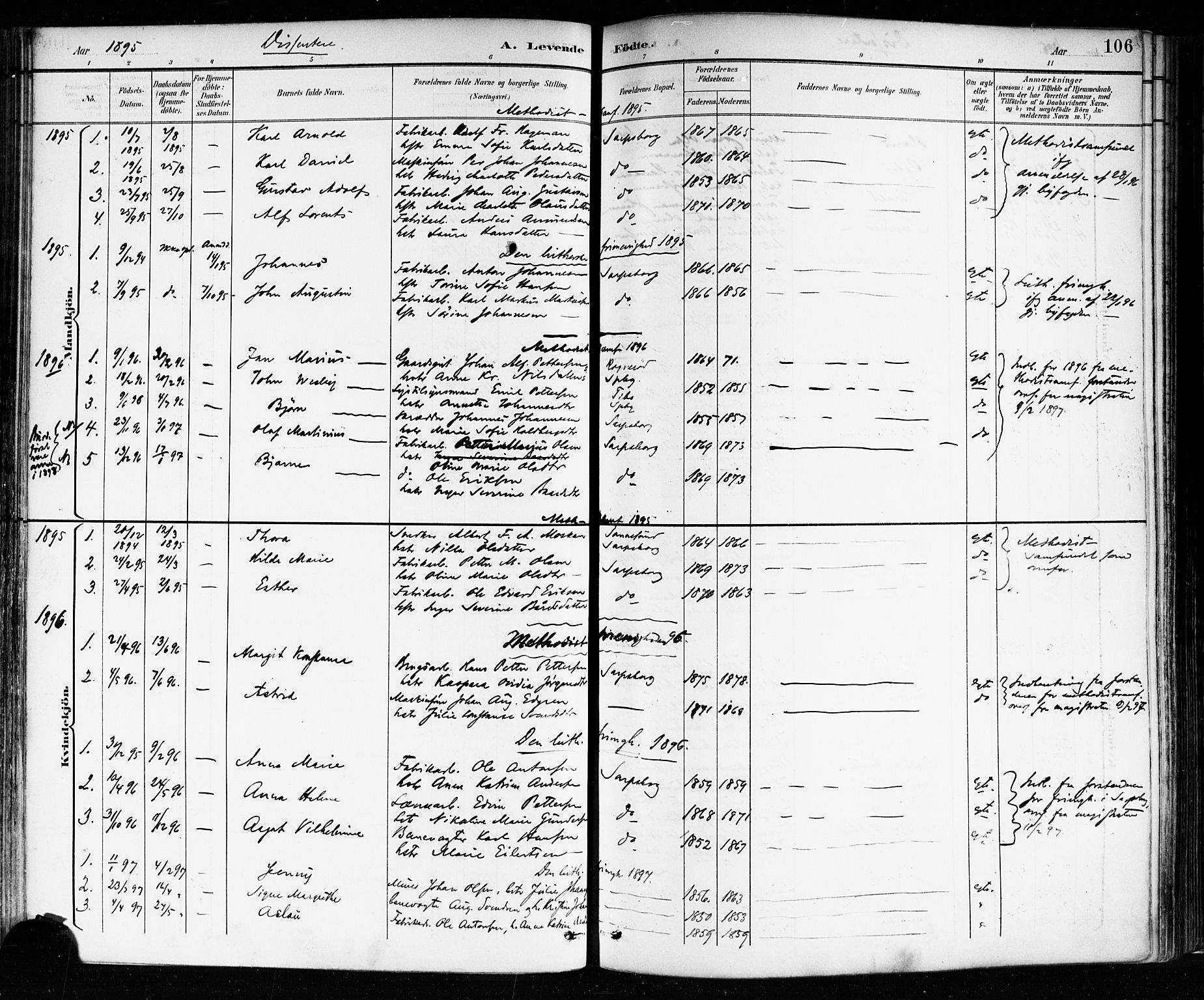 Sarpsborg prestekontor Kirkebøker, SAO/A-2006/F/Fa/L0004: Parish register (official) no. 4, 1892-1899, p. 106