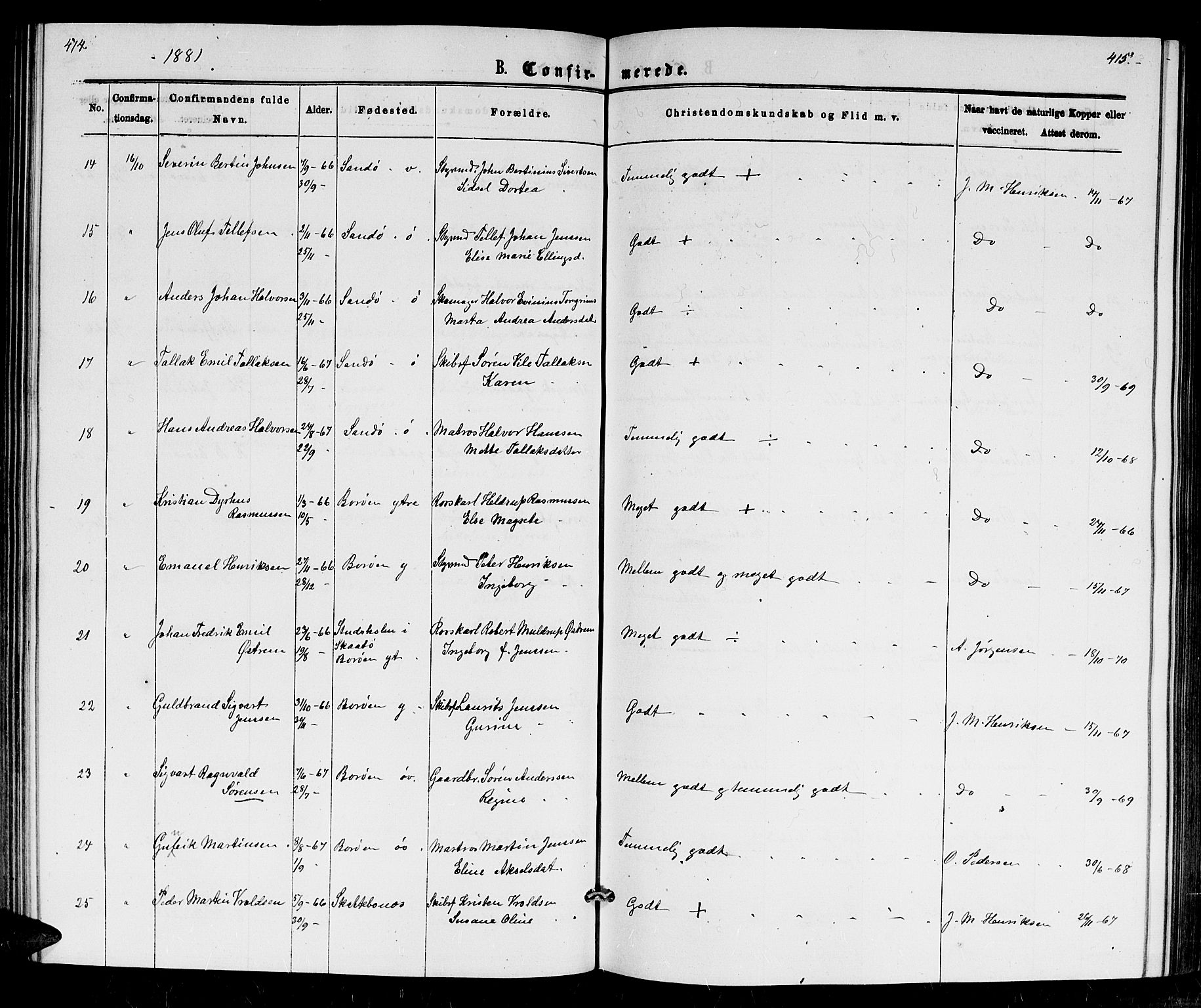 Dypvåg sokneprestkontor, AV/SAK-1111-0007/F/Fb/Fba/L0012: Parish register (copy) no. B 12, 1872-1886, p. 414-415