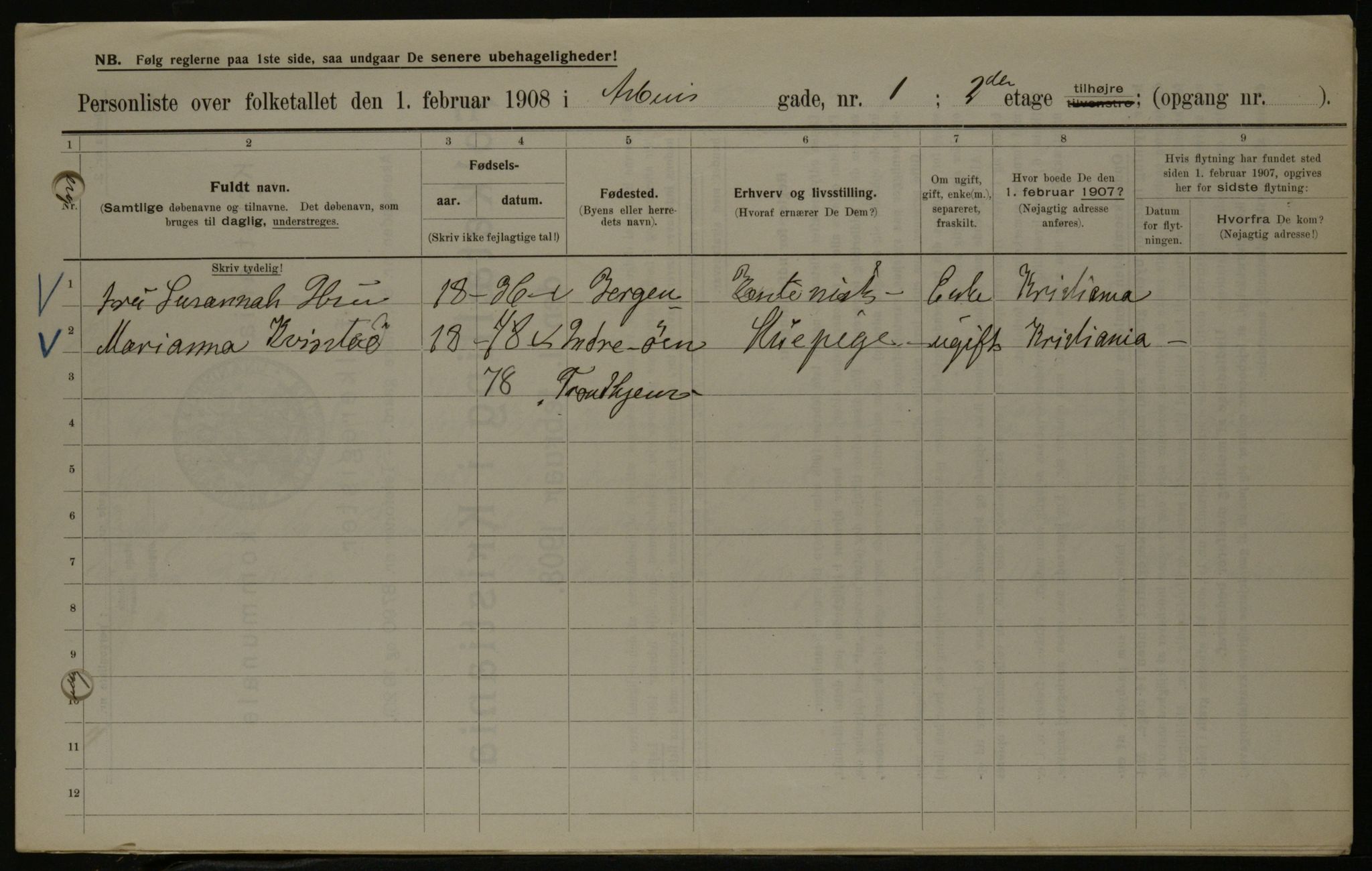 OBA, Municipal Census 1908 for Kristiania, 1908, p. 1747