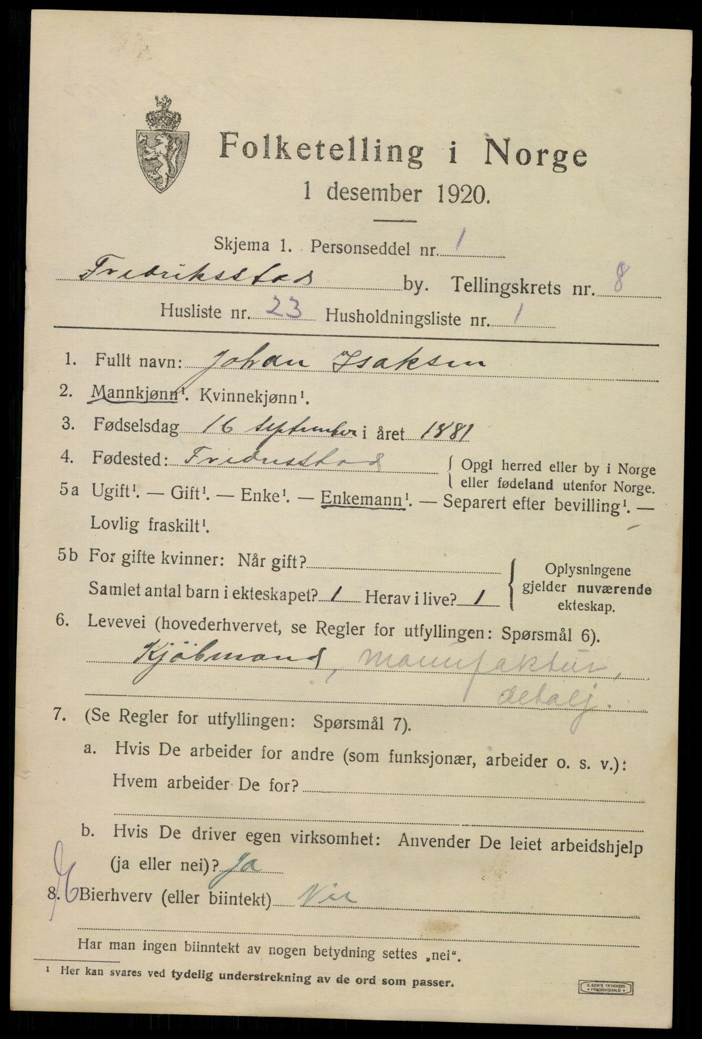 SAO, 1920 census for Fredrikstad, 1920, p. 23877