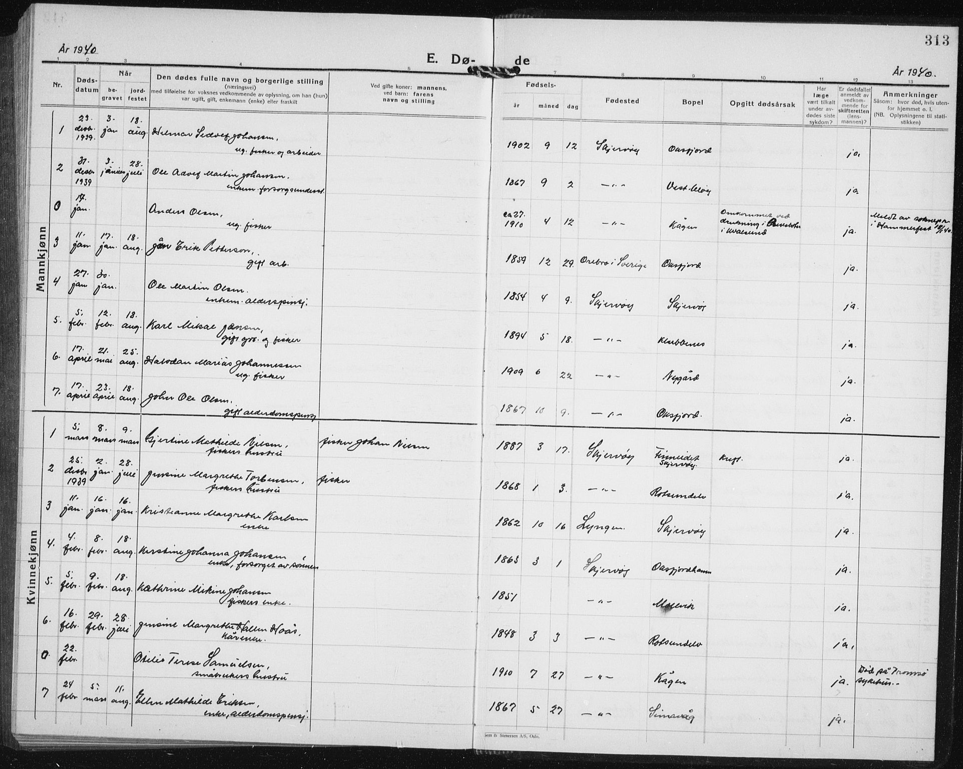 Skjervøy sokneprestkontor, SATØ/S-1300/H/Ha/Hab/L0010klokker: Parish register (copy) no. 10, 1927-1941, p. 313