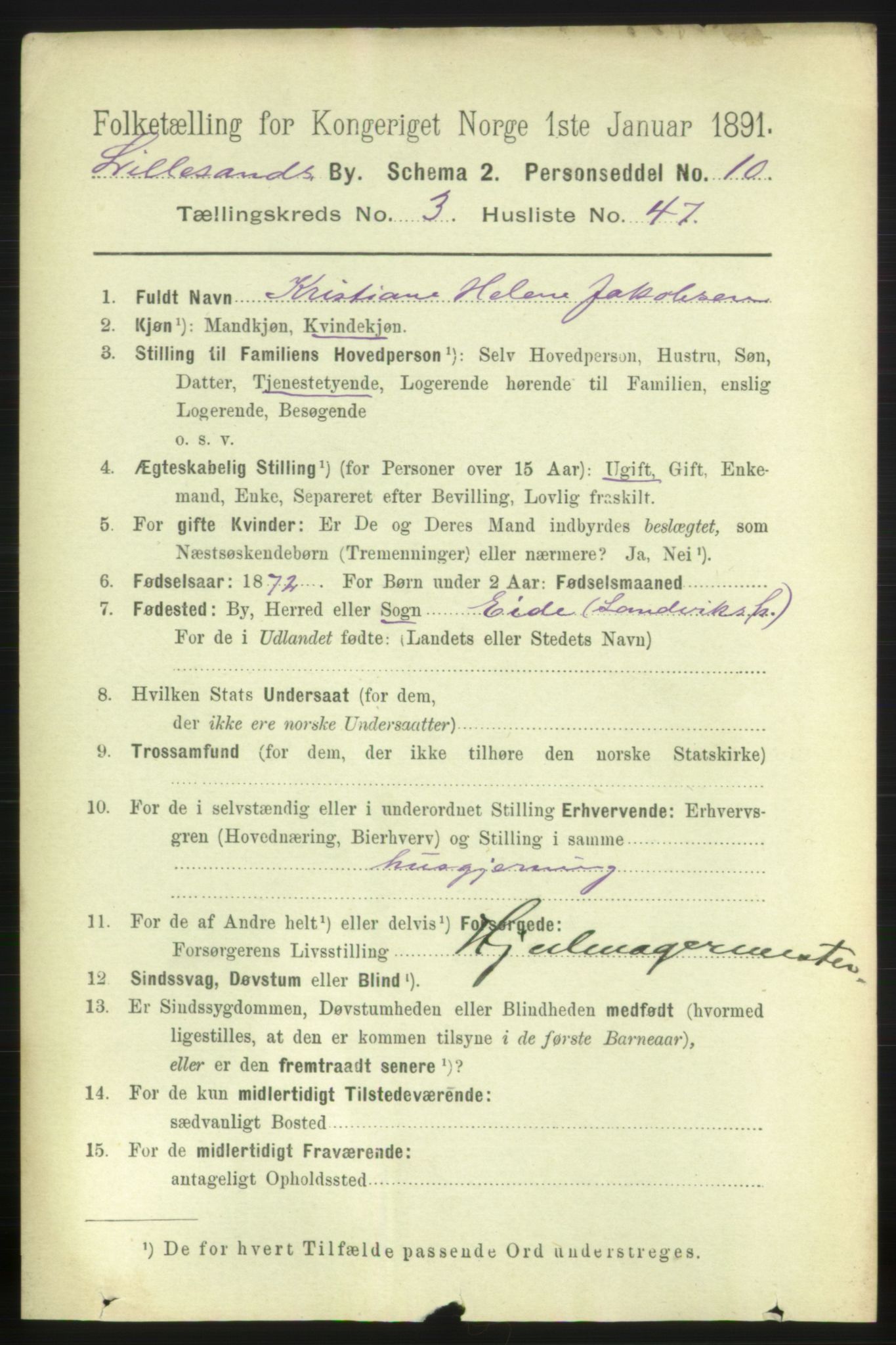 RA, 1891 census for 0905 Lillesand, 1891, p. 1061