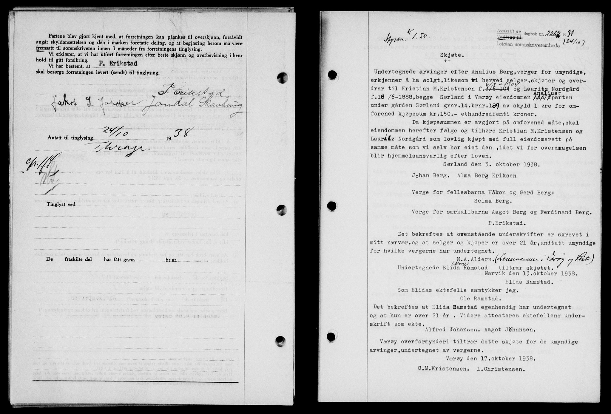 Lofoten sorenskriveri, SAT/A-0017/1/2/2C/L0004a: Mortgage book no. 4a, 1938-1938, Diary no: : 2262/1938