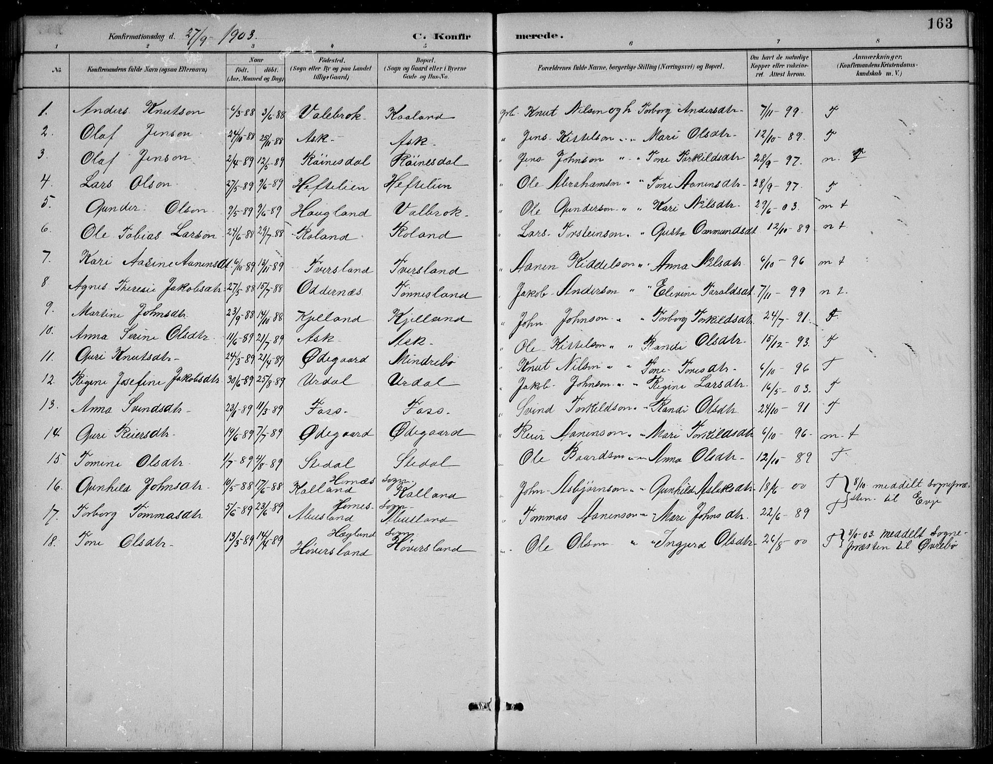 Bjelland sokneprestkontor, SAK/1111-0005/F/Fb/Fba/L0005: Parish register (copy) no. B 5, 1887-1923, p. 163