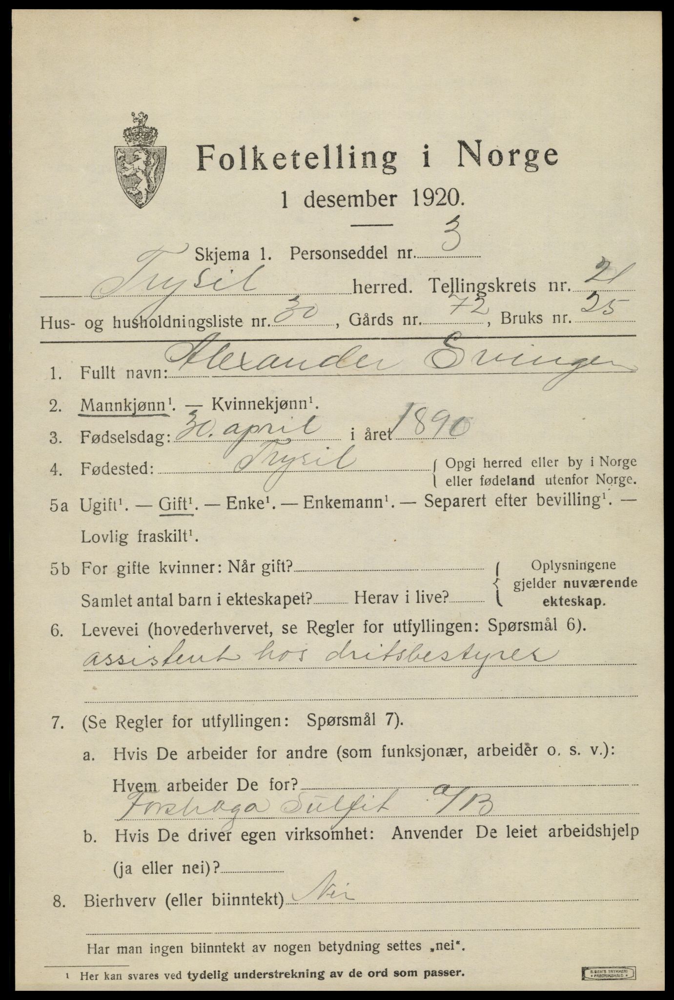 SAH, 1920 census for Trysil, 1920, p. 14123