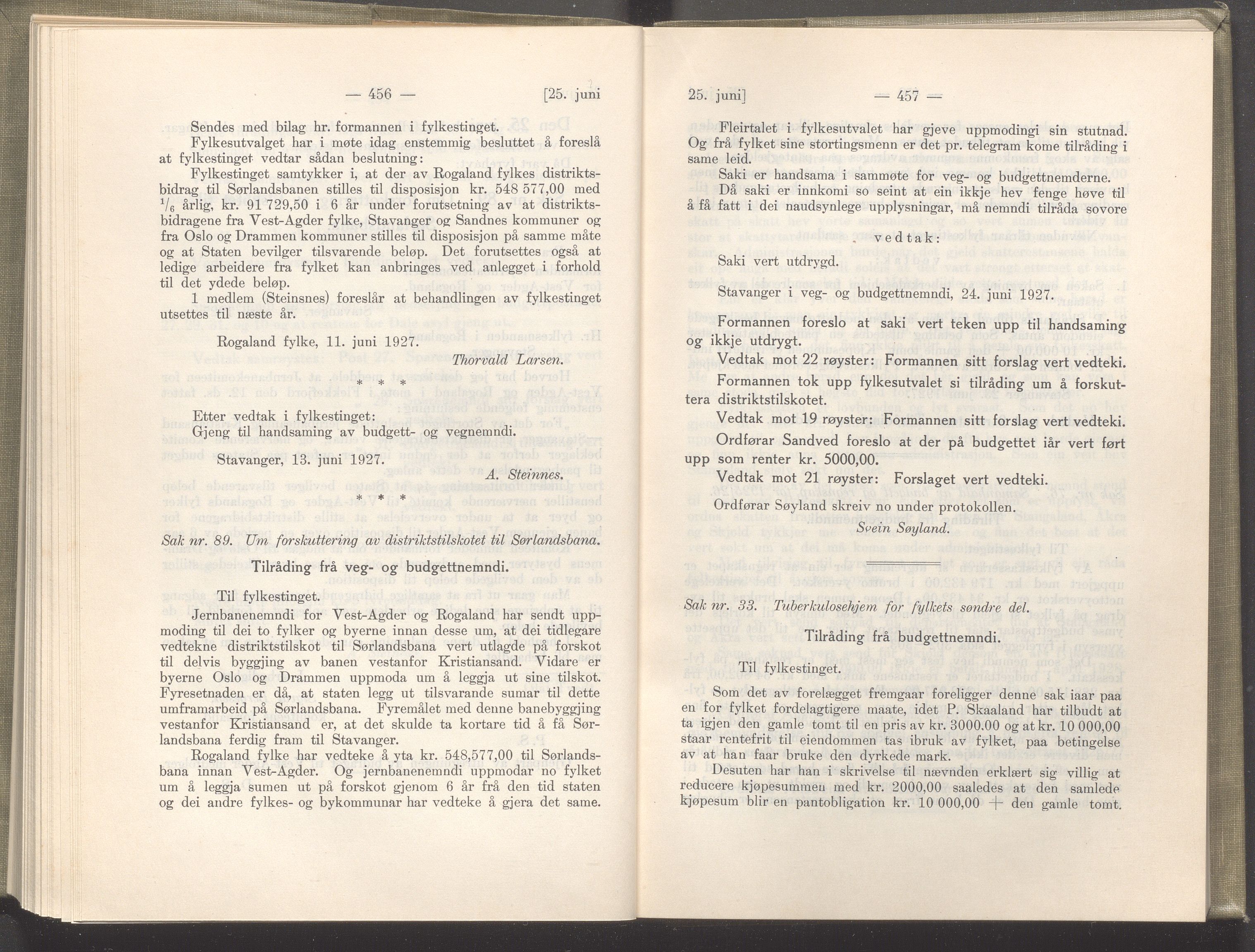 Rogaland fylkeskommune - Fylkesrådmannen , IKAR/A-900/A/Aa/Aaa/L0046: Møtebok , 1927, p. 456-457