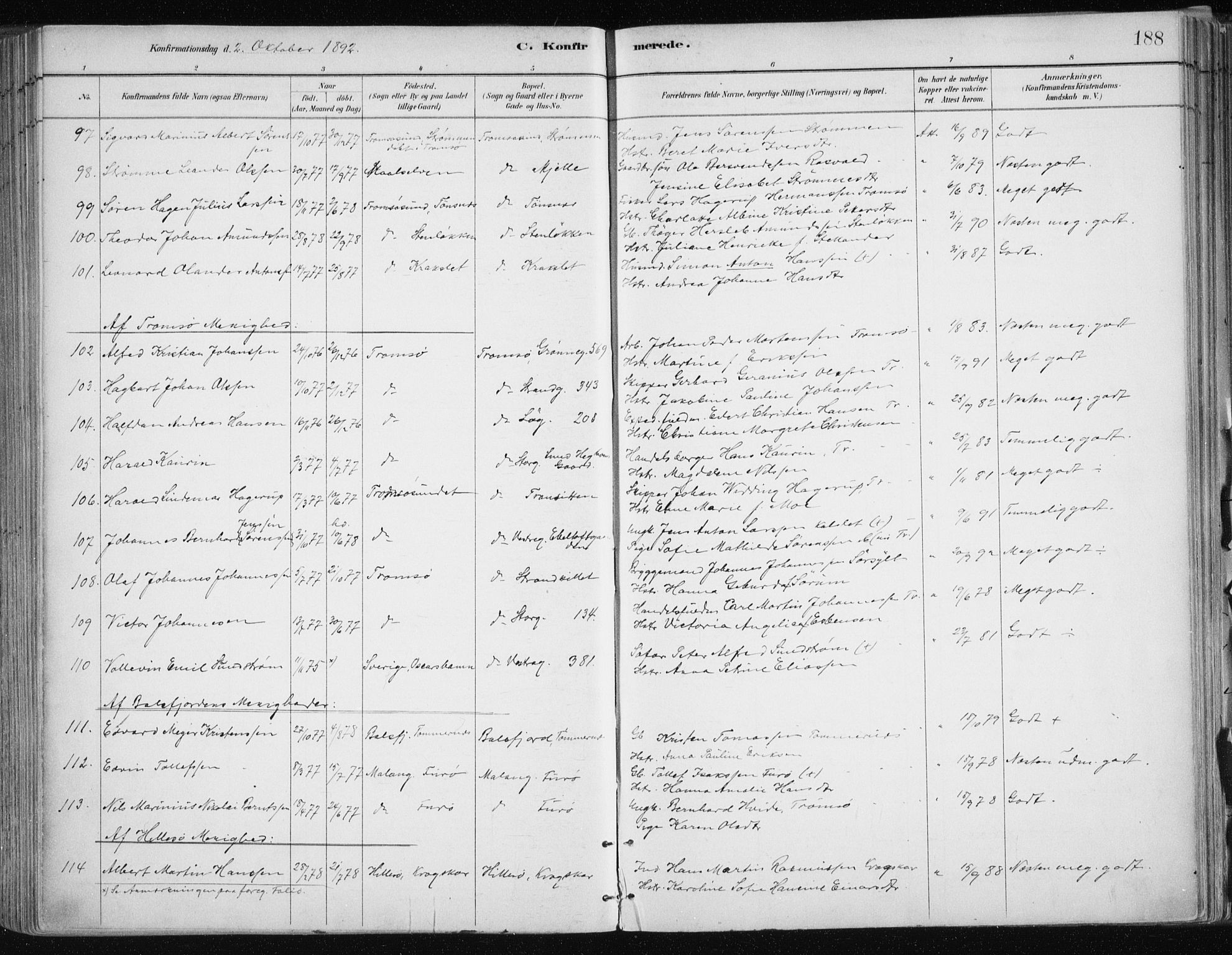 Tromsøysund sokneprestkontor, SATØ/S-1304/G/Ga/L0005kirke: Parish register (official) no. 5, 1888-1896, p. 188