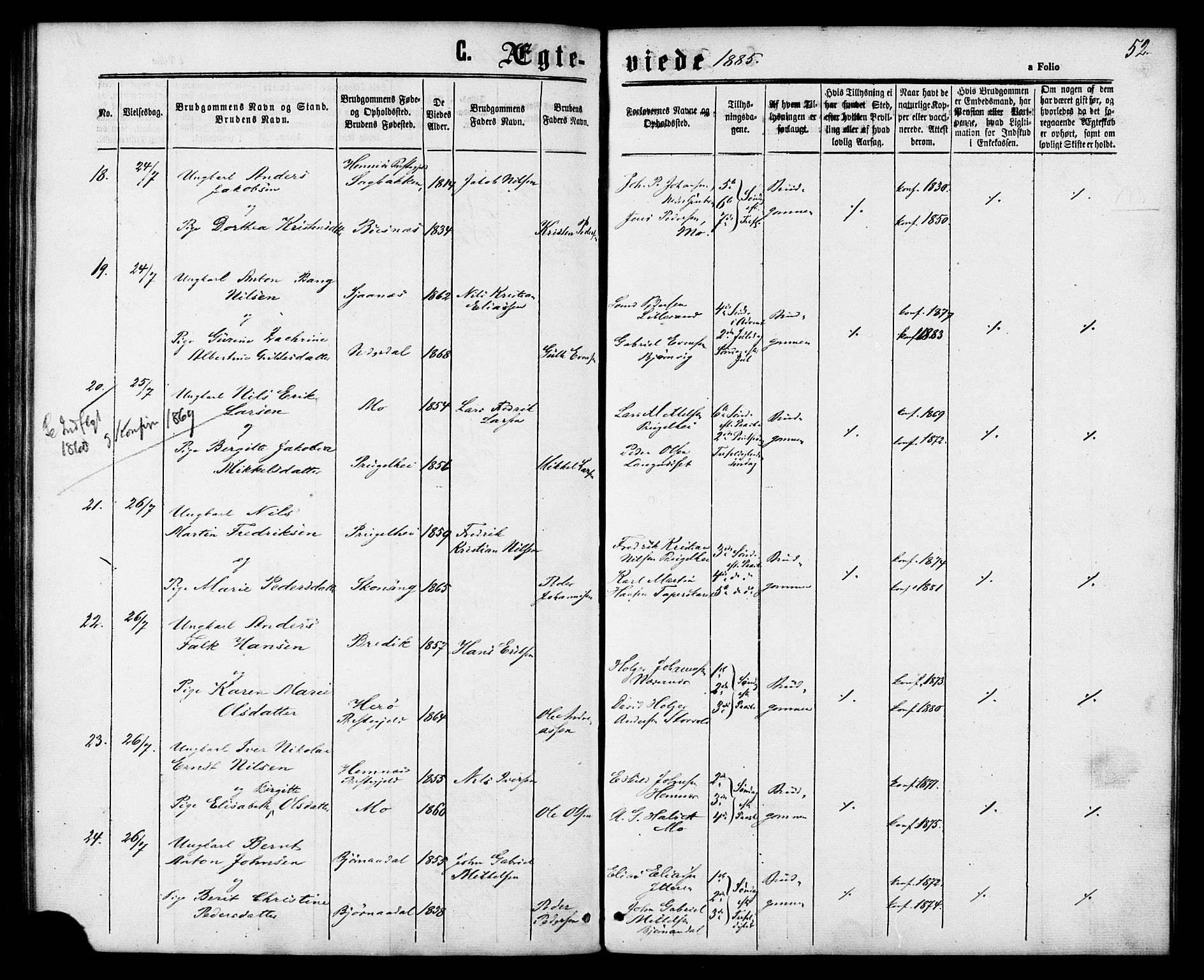 Ministerialprotokoller, klokkerbøker og fødselsregistre - Nordland, AV/SAT-A-1459/827/L0395: Parish register (official) no. 827A07, 1864-1886, p. 52