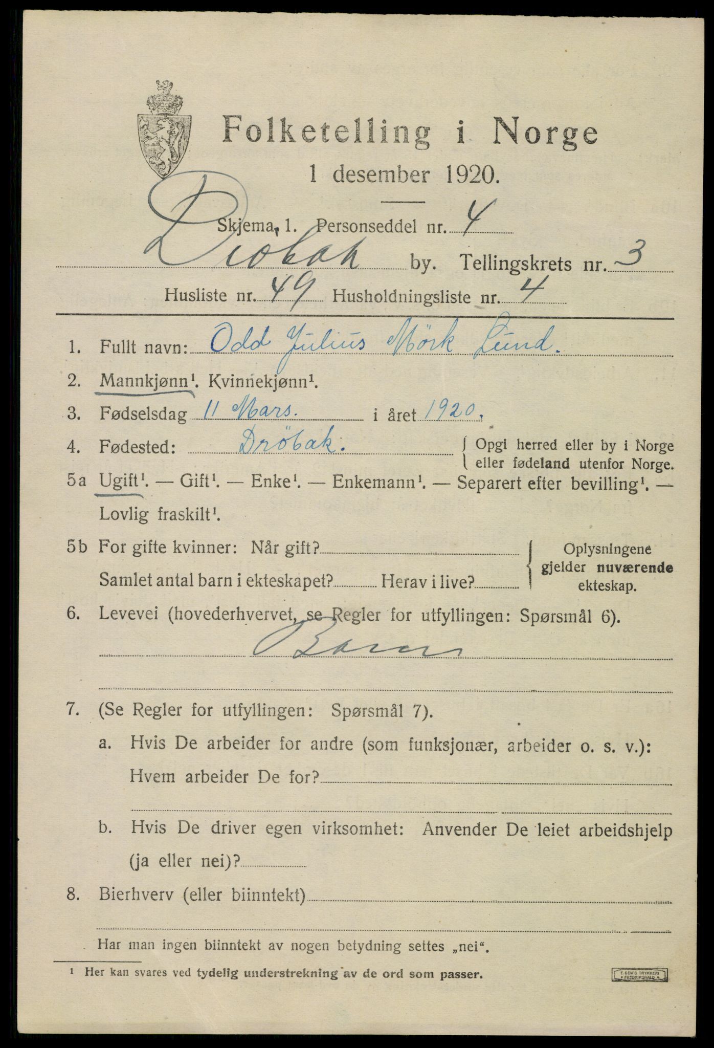 SAO, 1920 census for Drøbak, 1920, p. 4045