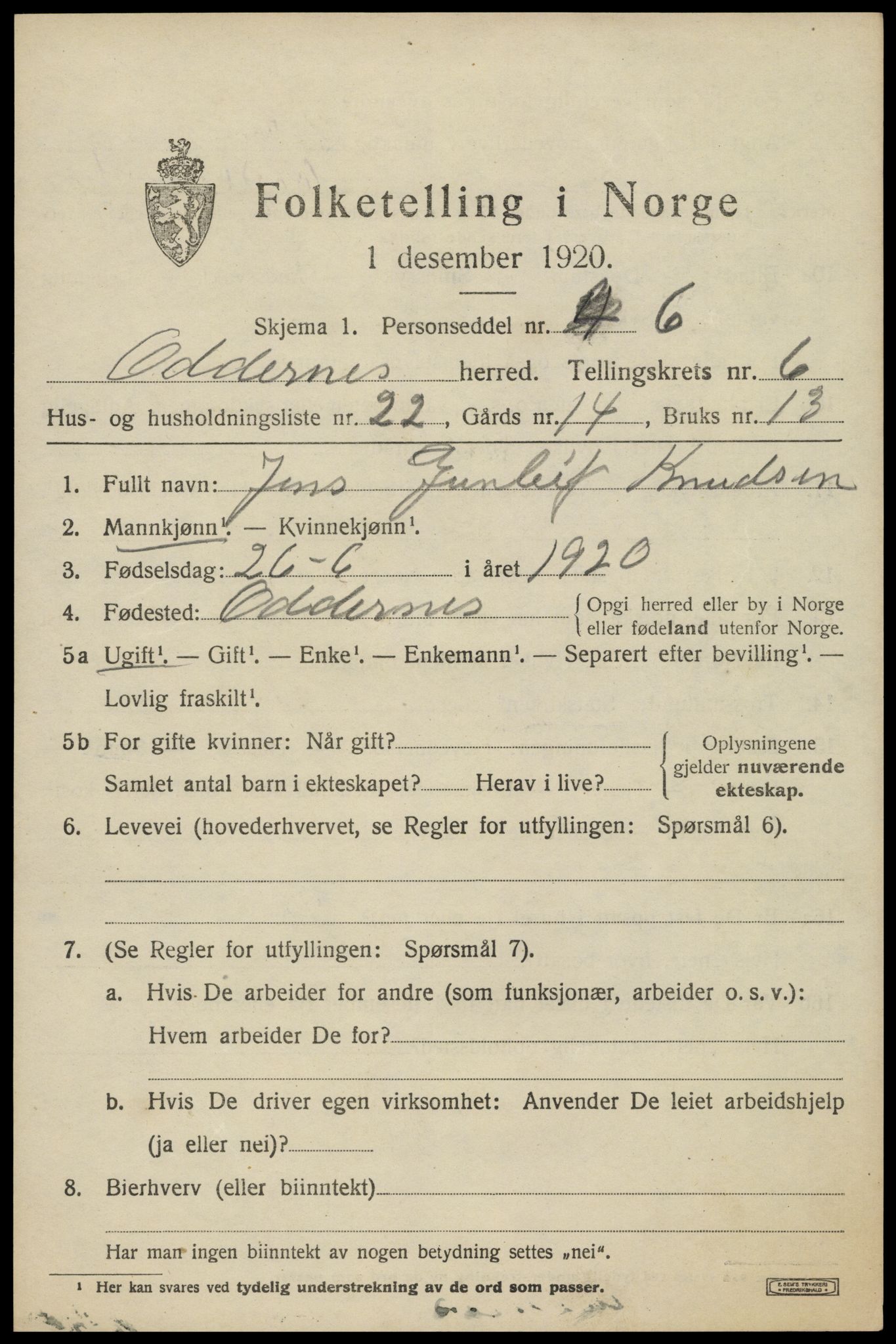 SAK, 1920 census for Oddernes, 1920, p. 5159