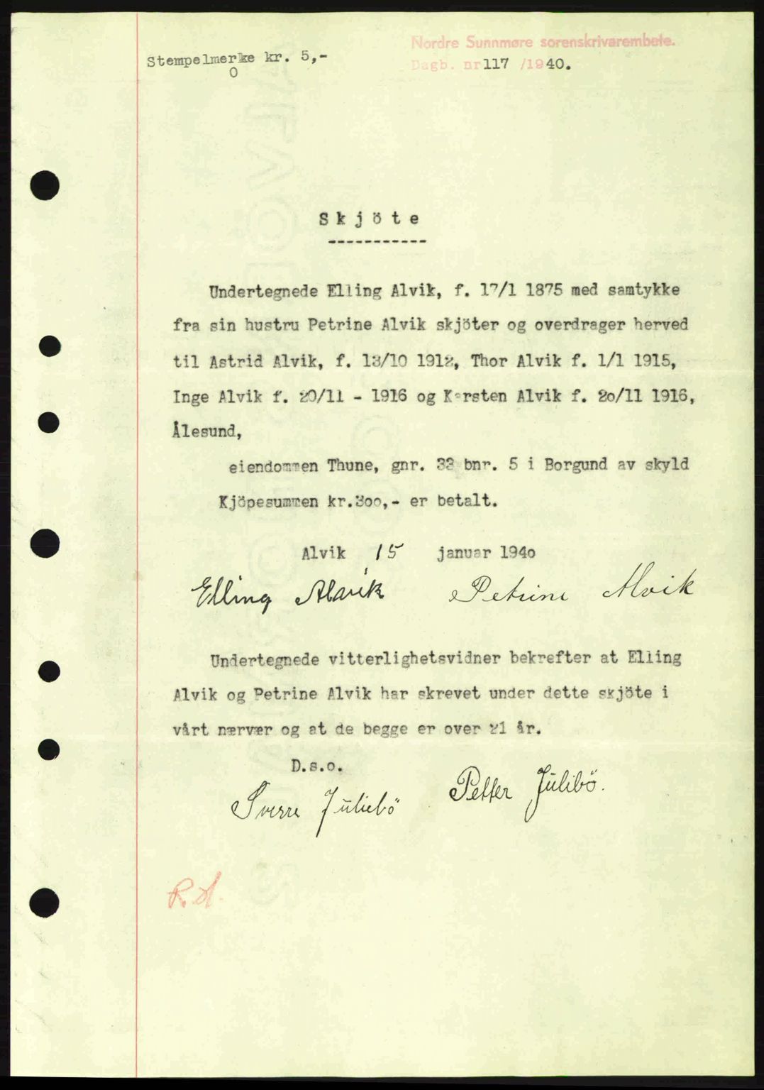 Nordre Sunnmøre sorenskriveri, AV/SAT-A-0006/1/2/2C/2Ca: Mortgage book no. A8, 1939-1940, Diary no: : 117/1940