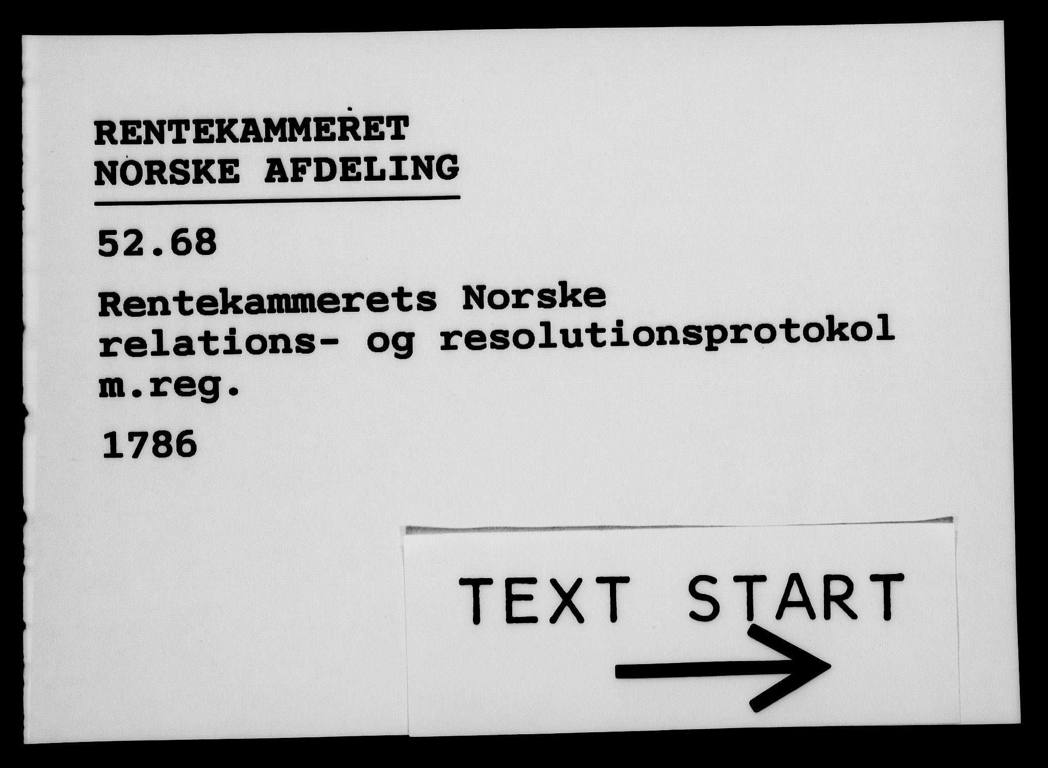 Rentekammeret, Kammerkanselliet, RA/EA-3111/G/Gf/Gfa/L0068: Norsk relasjons- og resolusjonsprotokoll (merket RK 52.68), 1786, p. 1