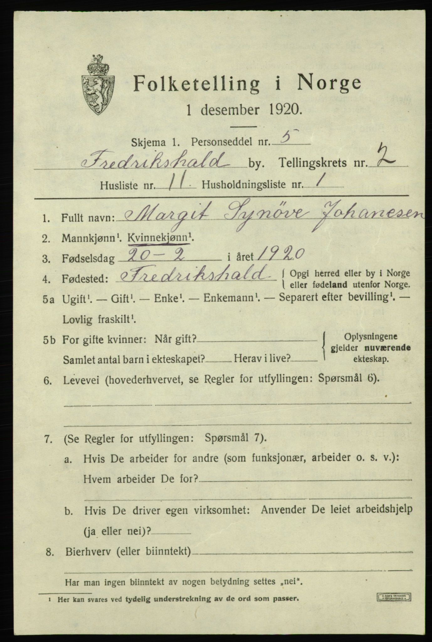SAO, 1920 census for Fredrikshald, 1920, p. 9480