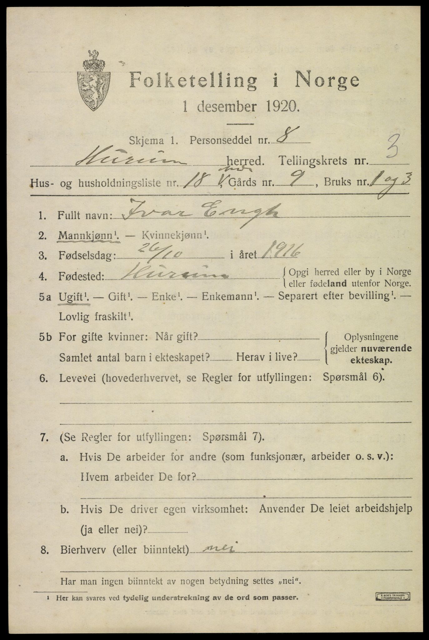 SAKO, 1920 census for Hurum, 1920, p. 5102