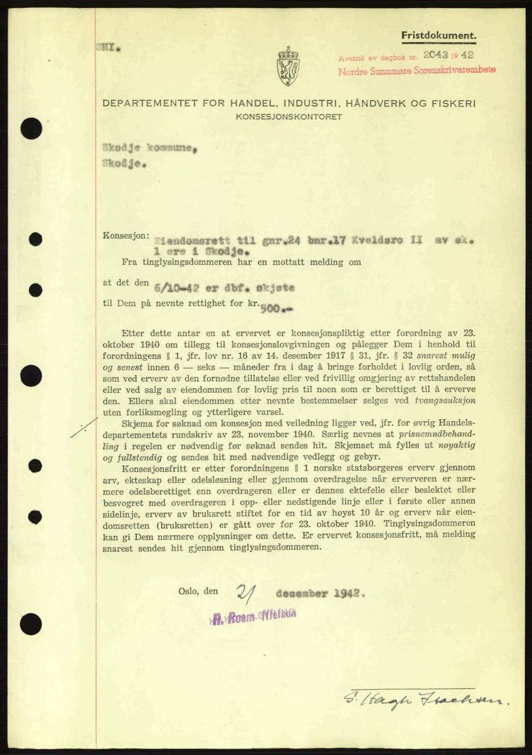 Nordre Sunnmøre sorenskriveri, SAT/A-0006/1/2/2C/2Ca: Mortgage book no. B6-14 a, 1942-1945, Diary no: : 2043/1942