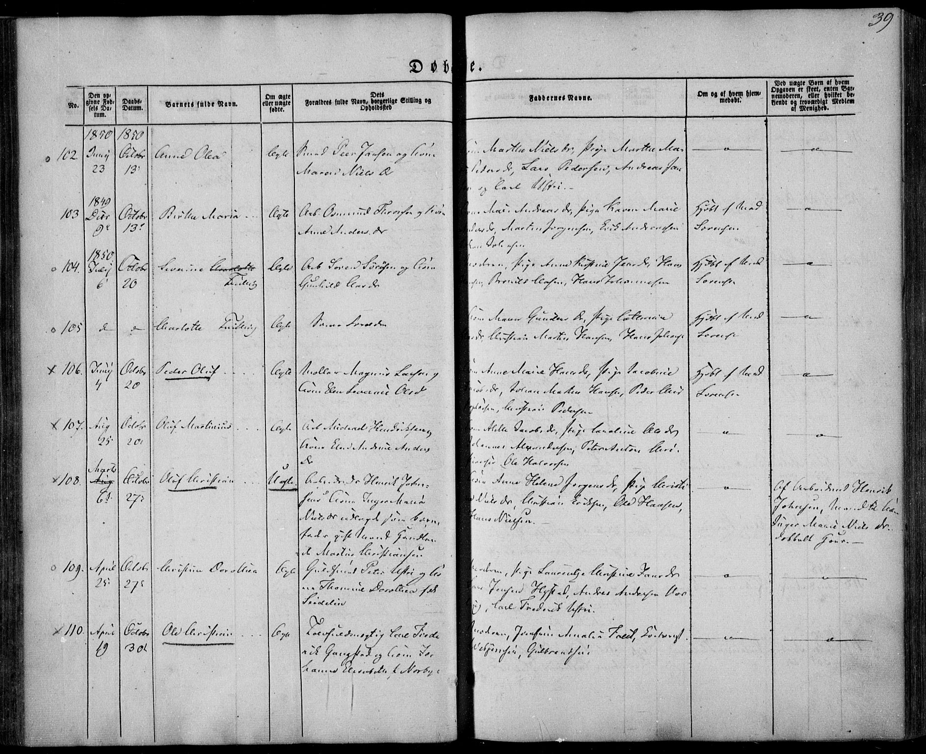 Larvik kirkebøker, AV/SAKO-A-352/F/Fa/L0003: Parish register (official) no. I 3, 1848-1856, p. 39