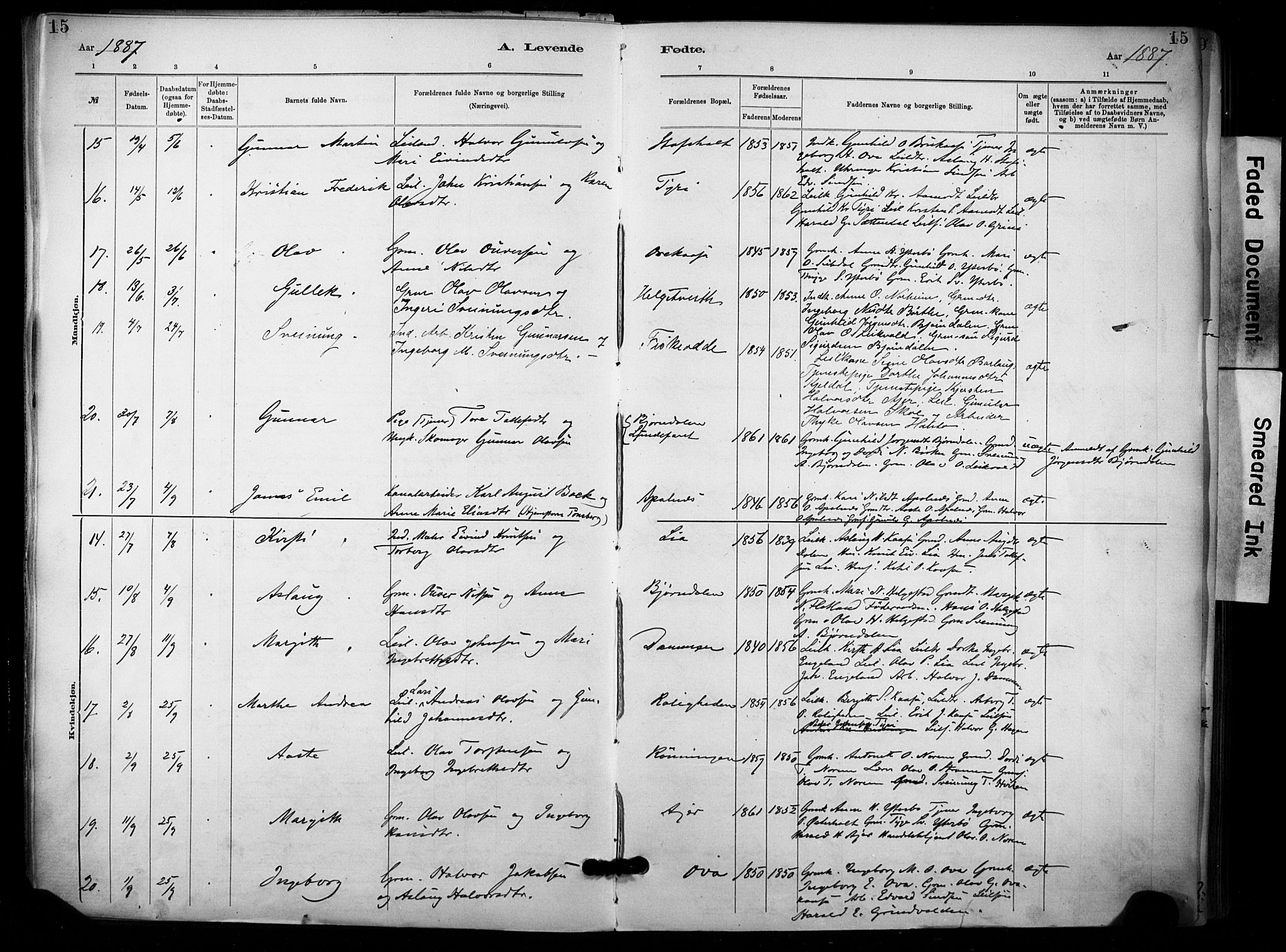 Lunde kirkebøker, AV/SAKO-A-282/F/Fa/L0002: Parish register (official) no. I 2, 1884-1892, p. 15