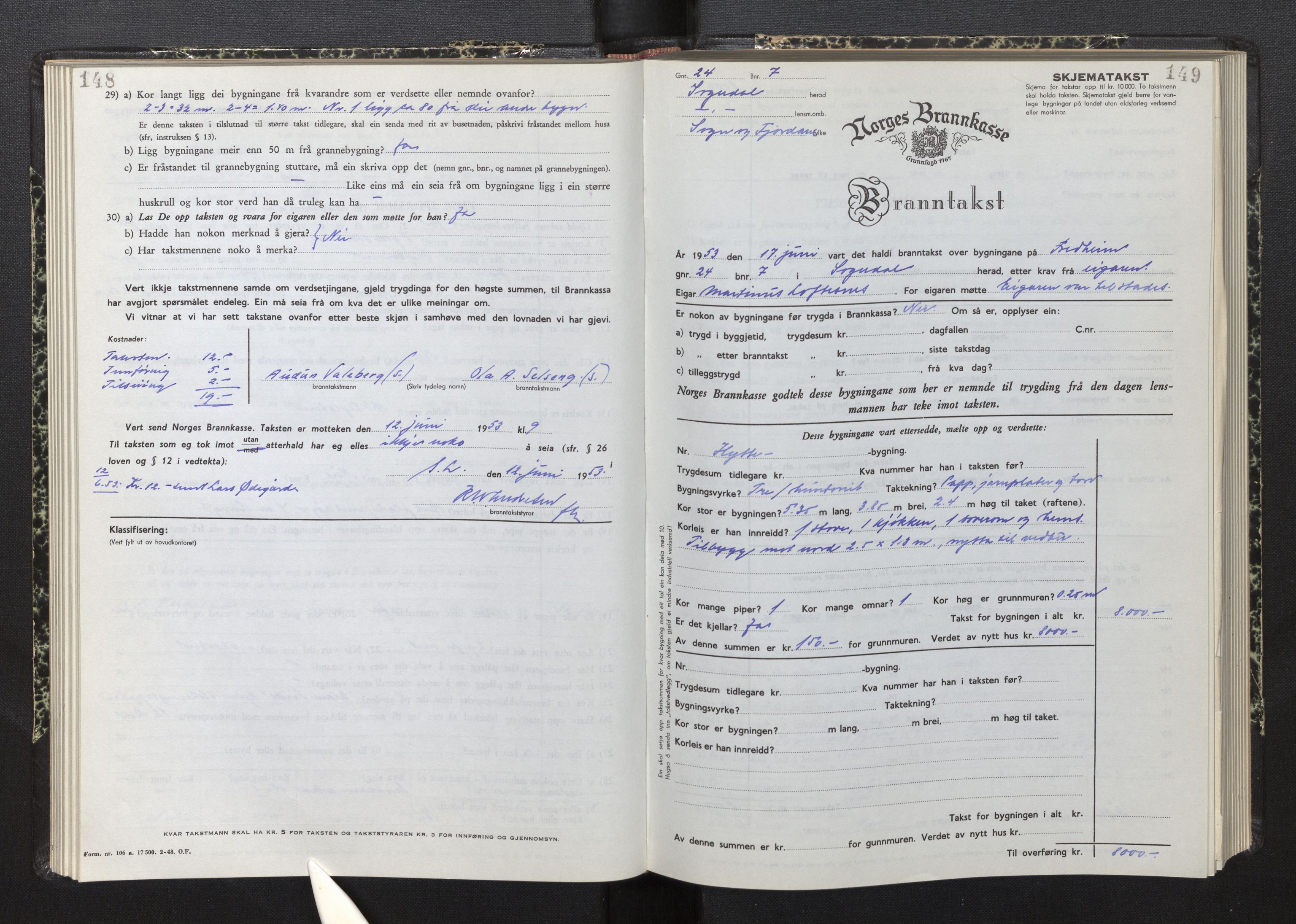 Lensmannen i Sogndal, AV/SAB-A-29901/0012/L0015: Branntakstprotokoll, skjematakst, 1950-1955, p. 148-149