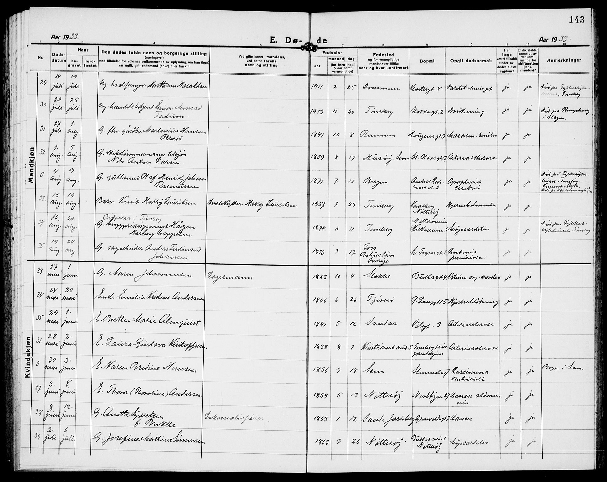 Tønsberg kirkebøker, AV/SAKO-A-330/G/Ga/L0018: Parish register (copy) no. 18, 1920-1935, p. 143