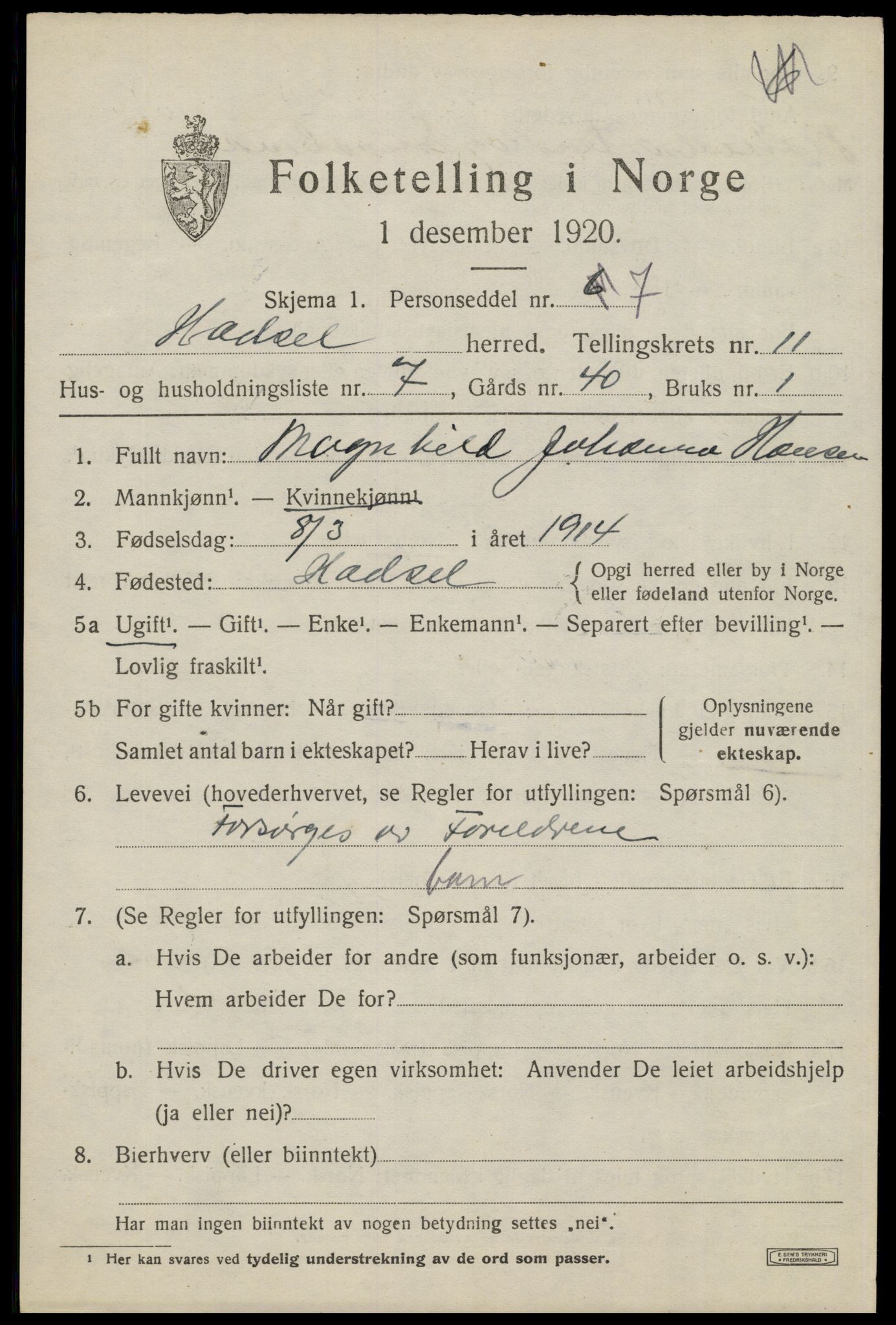 SAT, 1920 census for Hadsel, 1920, p. 8778