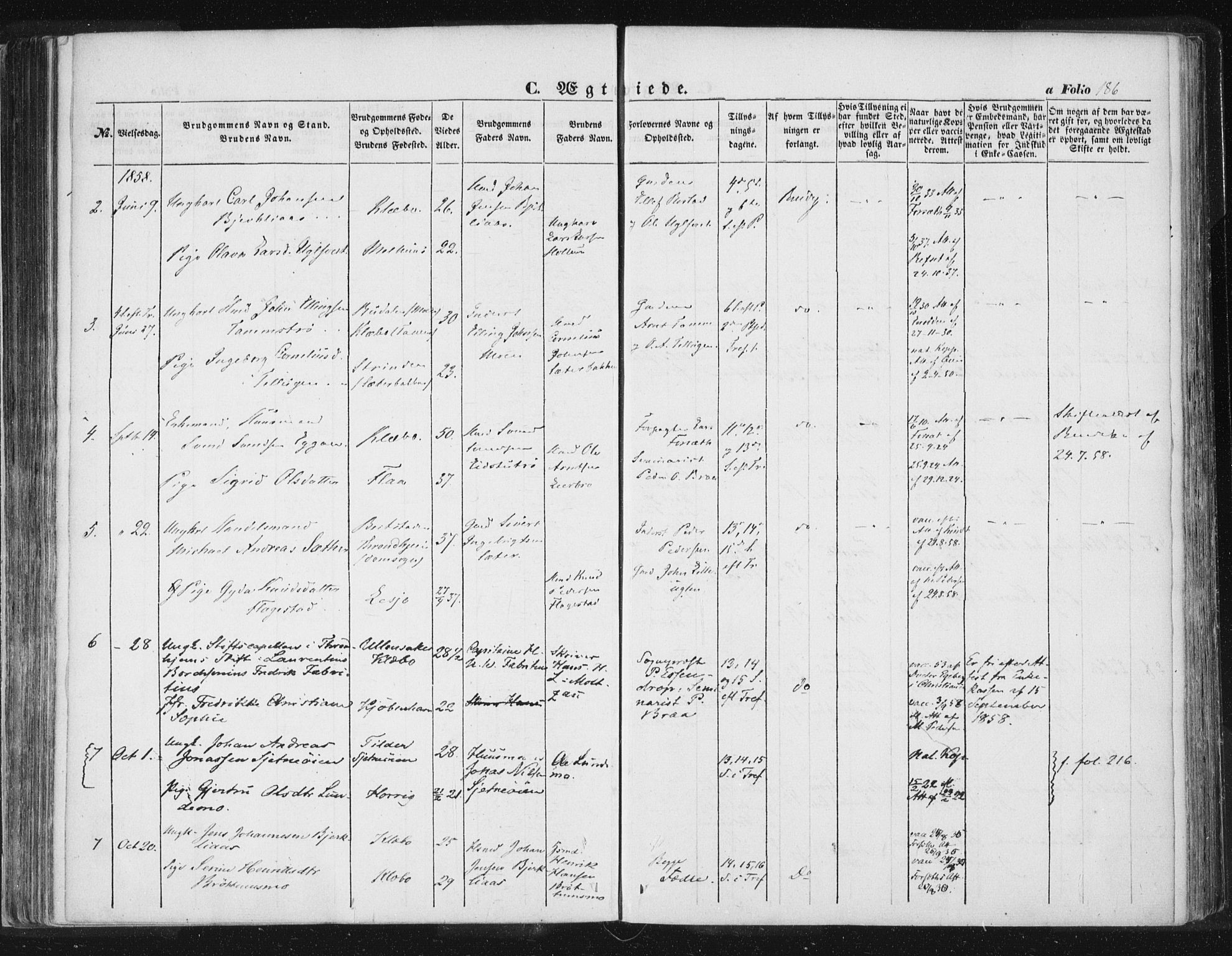 Ministerialprotokoller, klokkerbøker og fødselsregistre - Sør-Trøndelag, SAT/A-1456/618/L0441: Parish register (official) no. 618A05, 1843-1862, p. 186