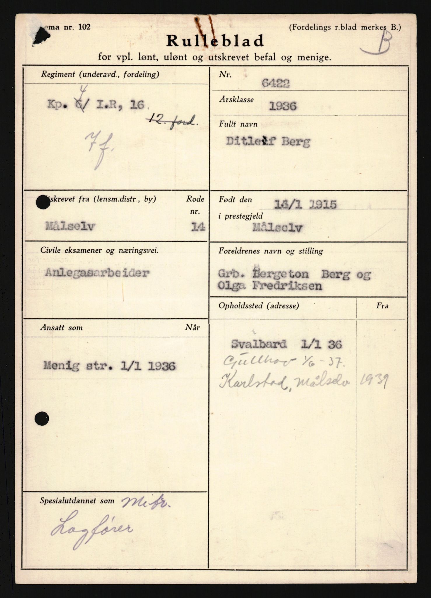 Forsvaret, Troms infanteriregiment nr. 16, AV/RA-RAFA-3146/P/Pa/L0020: Rulleblad for regimentets menige mannskaper, årsklasse 1936, 1936, p. 113