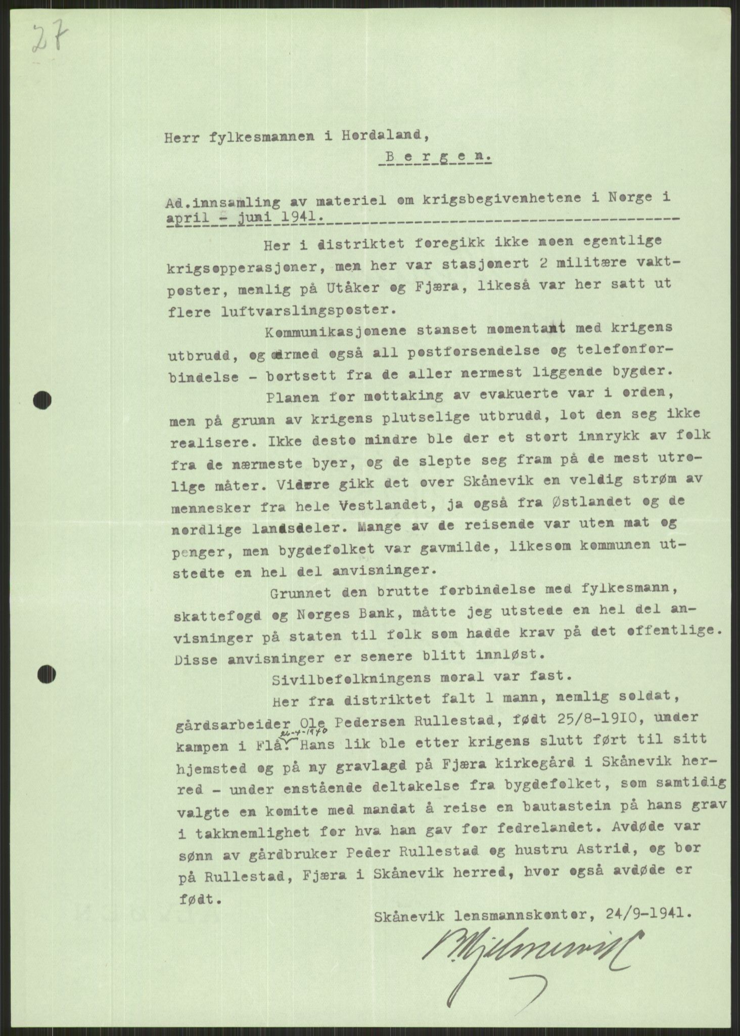 Forsvaret, Forsvarets krigshistoriske avdeling, AV/RA-RAFA-2017/Y/Ya/L0015: II-C-11-31 - Fylkesmenn.  Rapporter om krigsbegivenhetene 1940., 1940, p. 411