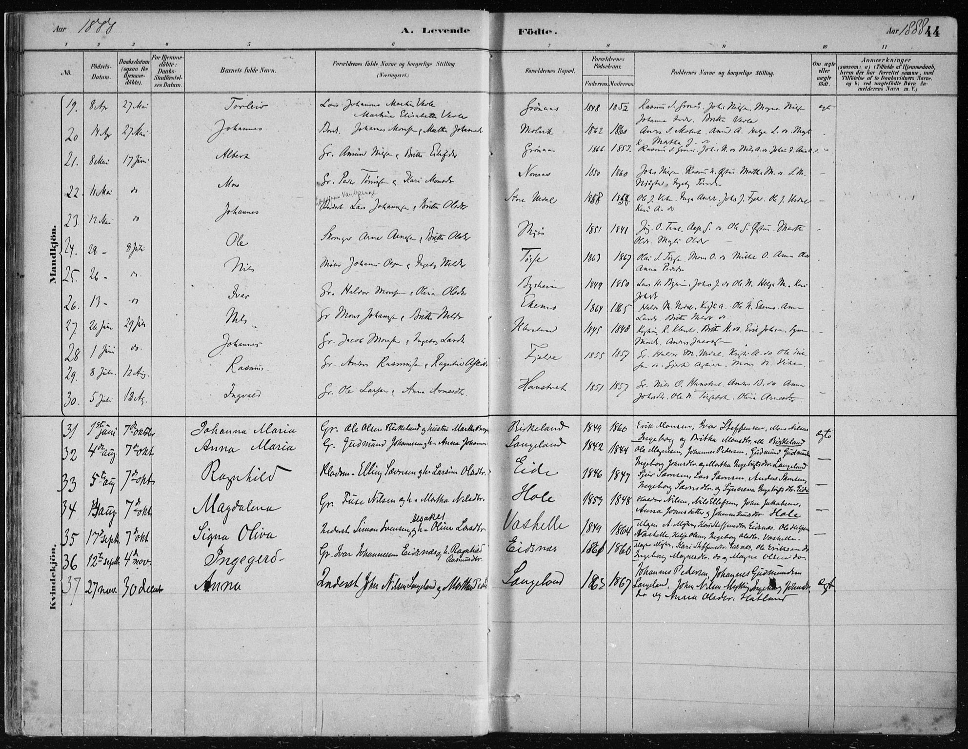 Hosanger sokneprestembete, AV/SAB-A-75801/H/Haa: Parish register (official) no. B  1, 1880-1896, p. 44