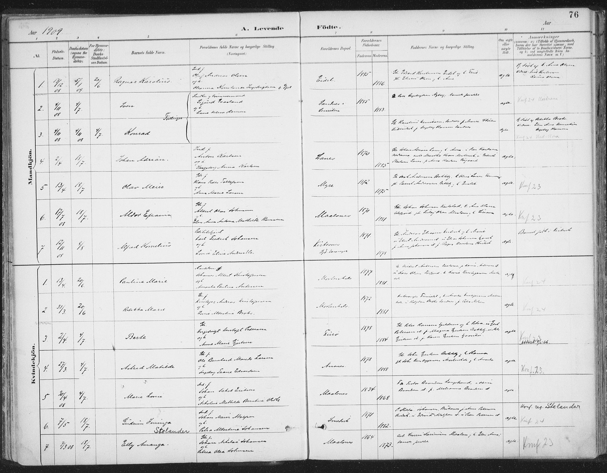 Balsfjord sokneprestembete, AV/SATØ-S-1303/G/Ga/L0007kirke: Parish register (official) no. 7, 1887-1909, p. 76