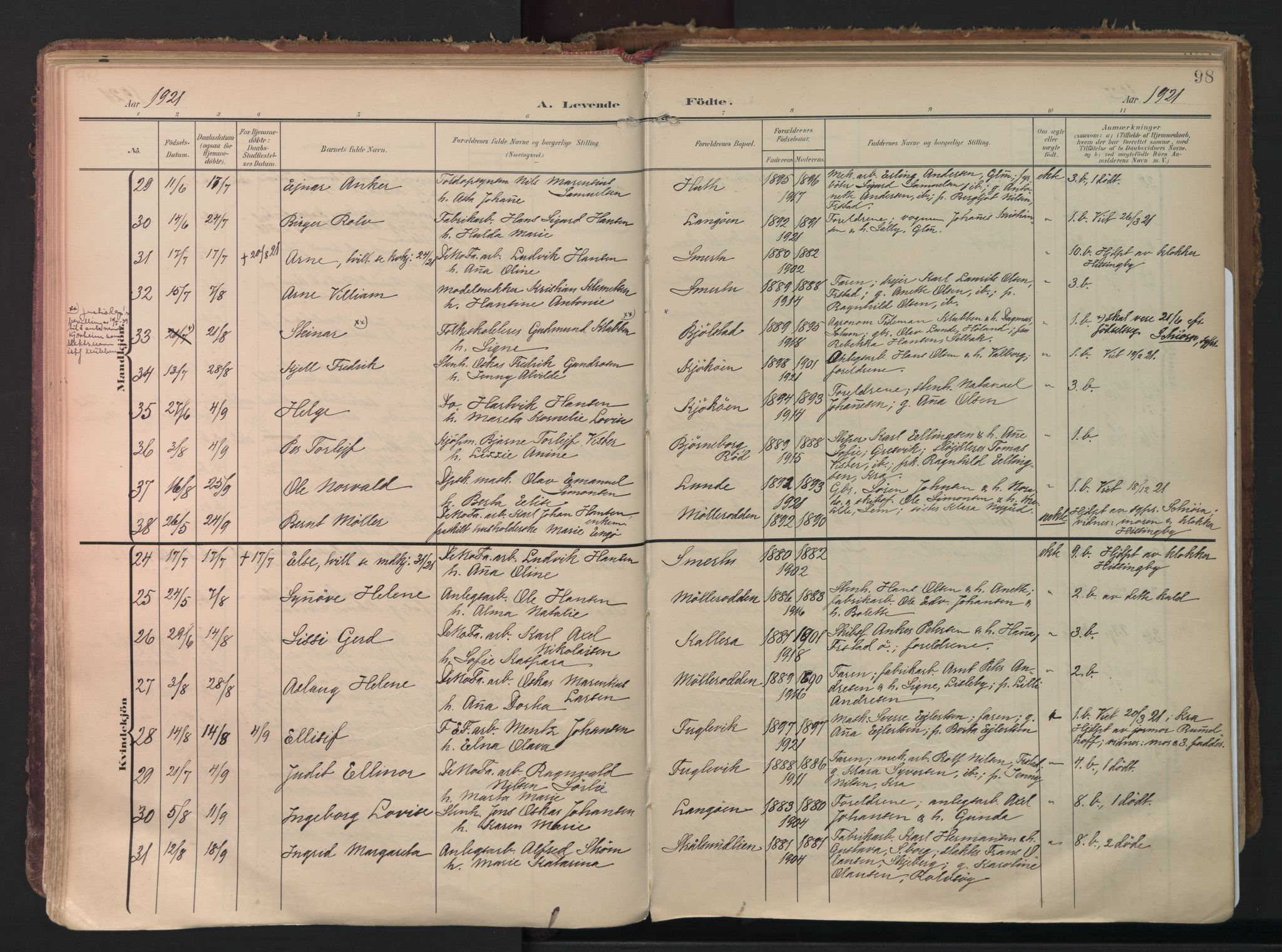 Kråkerøy prestekontor Kirkebøker, AV/SAO-A-10912/F/Fa/L0003: Parish register (official) no. 3, 1908-1937, p. 98