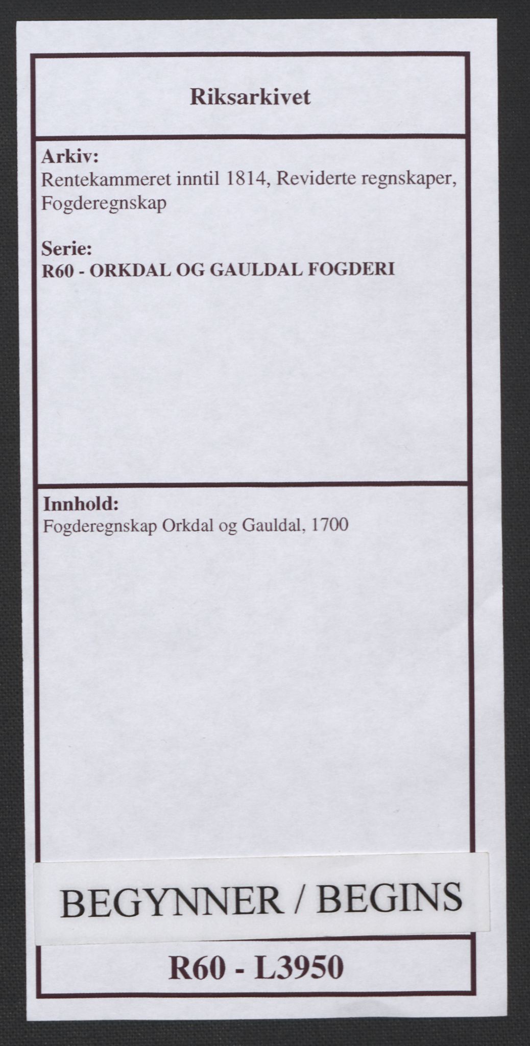 Rentekammeret inntil 1814, Reviderte regnskaper, Fogderegnskap, AV/RA-EA-4092/R60/L3950: Fogderegnskap Orkdal og Gauldal, 1700, p. 1