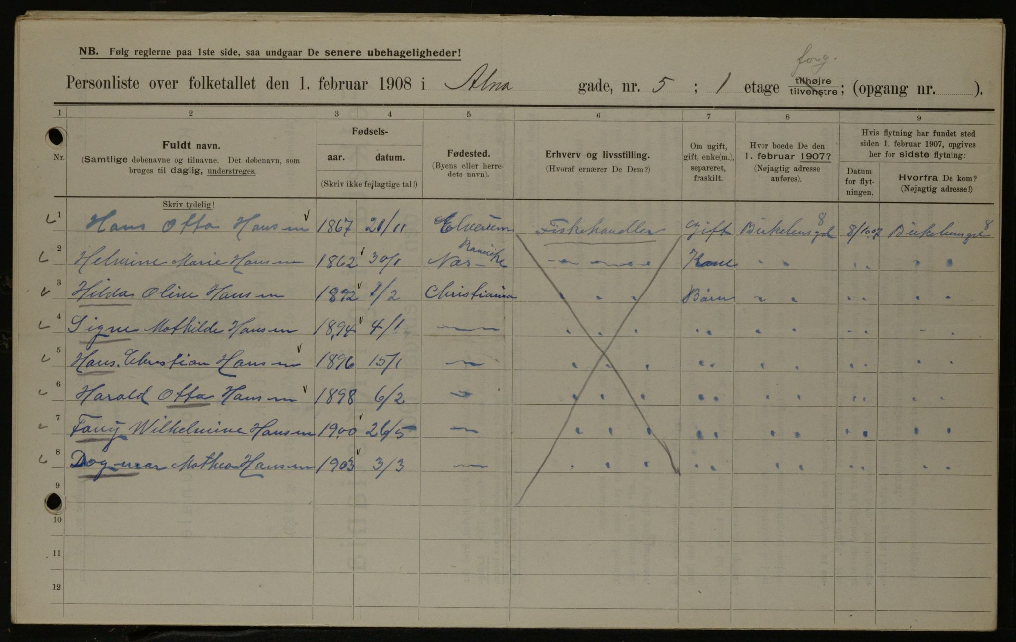 OBA, Municipal Census 1908 for Kristiania, 1908, p. 1395