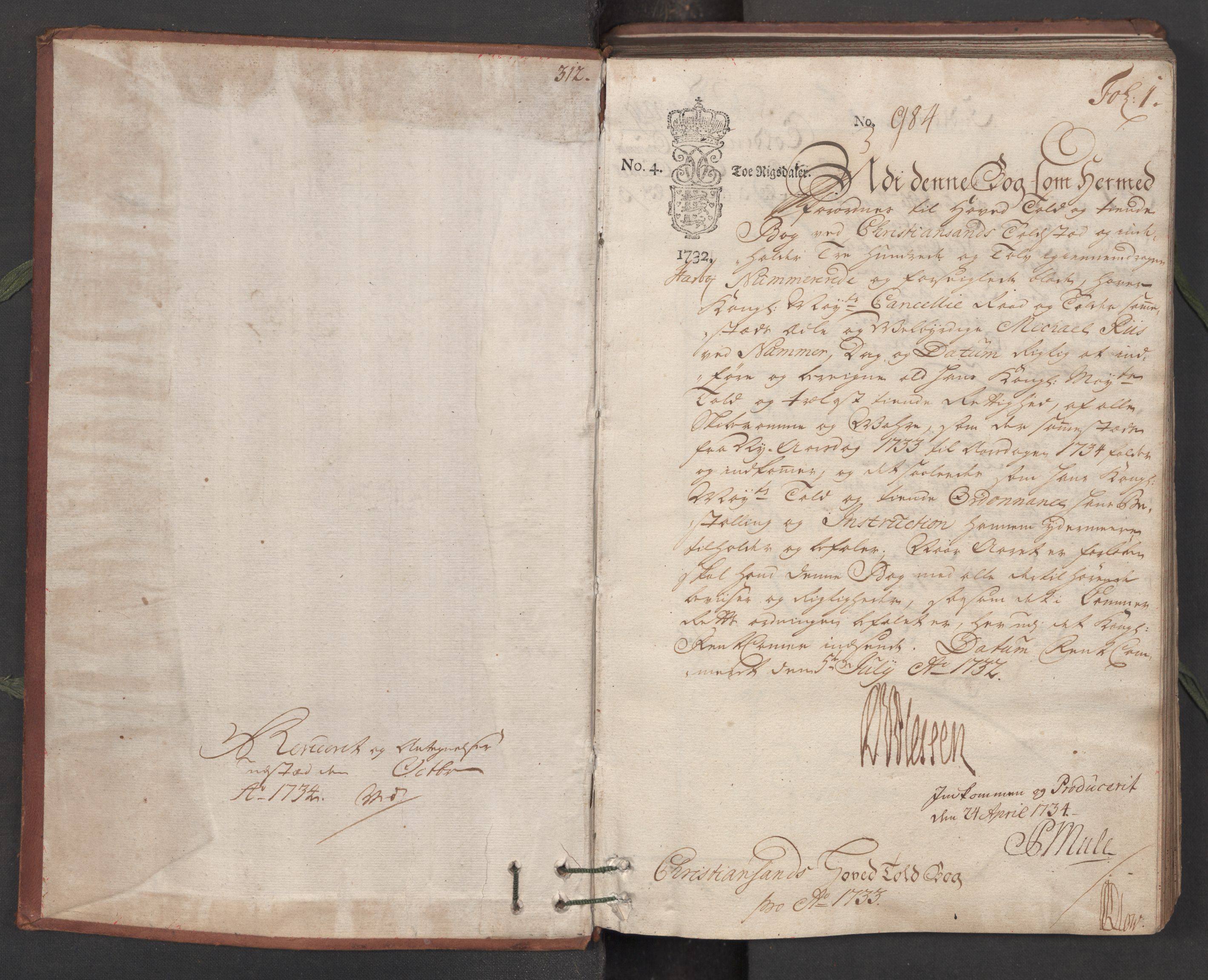 Generaltollkammeret, tollregnskaper, AV/RA-EA-5490/R16/L0013/0001: Tollregnskaper Kristiansand / Hovedtollbok, 1733, p. 1a