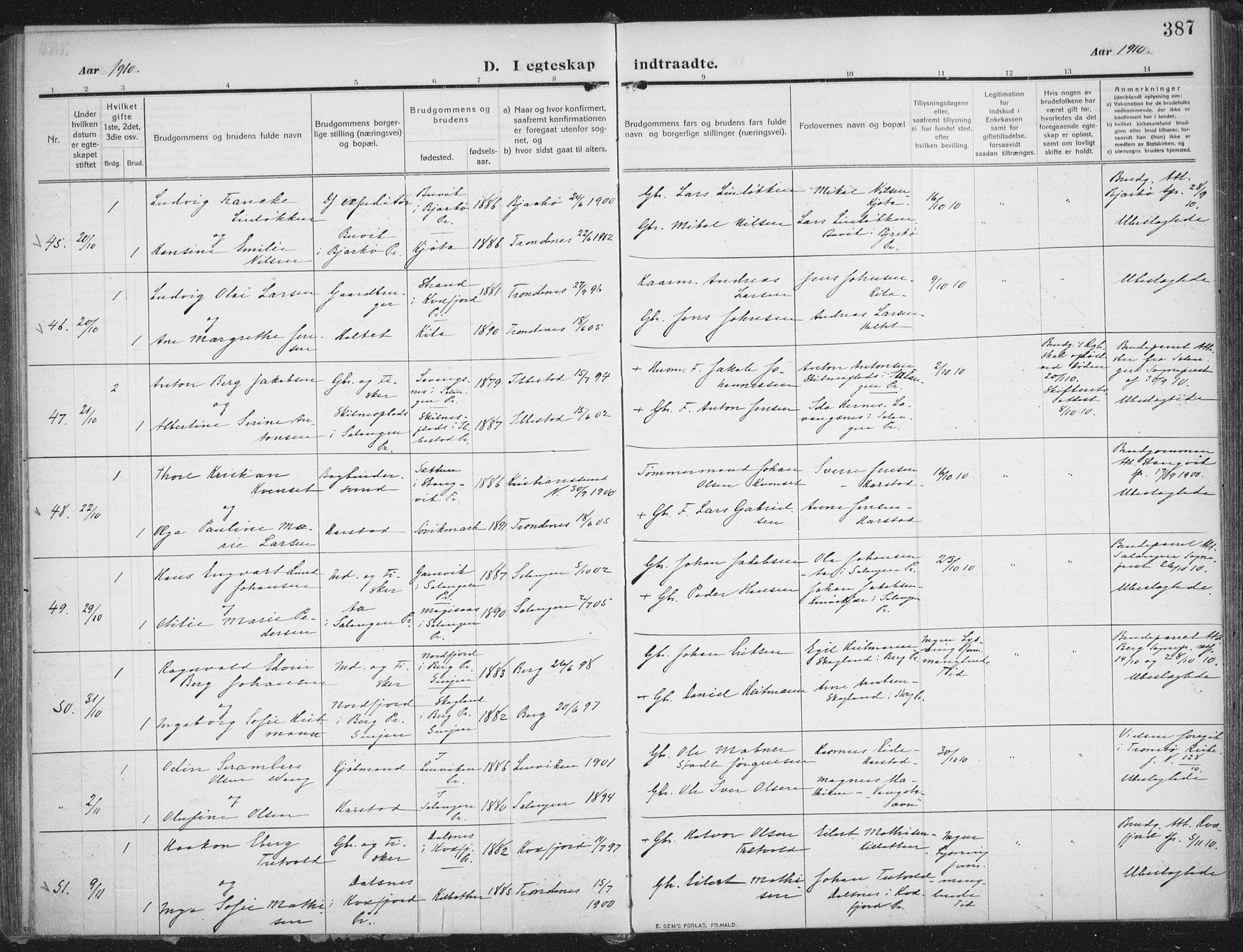 Trondenes sokneprestkontor, SATØ/S-1319/H/Ha/L0018kirke: Parish register (official) no. 18, 1909-1918, p. 387