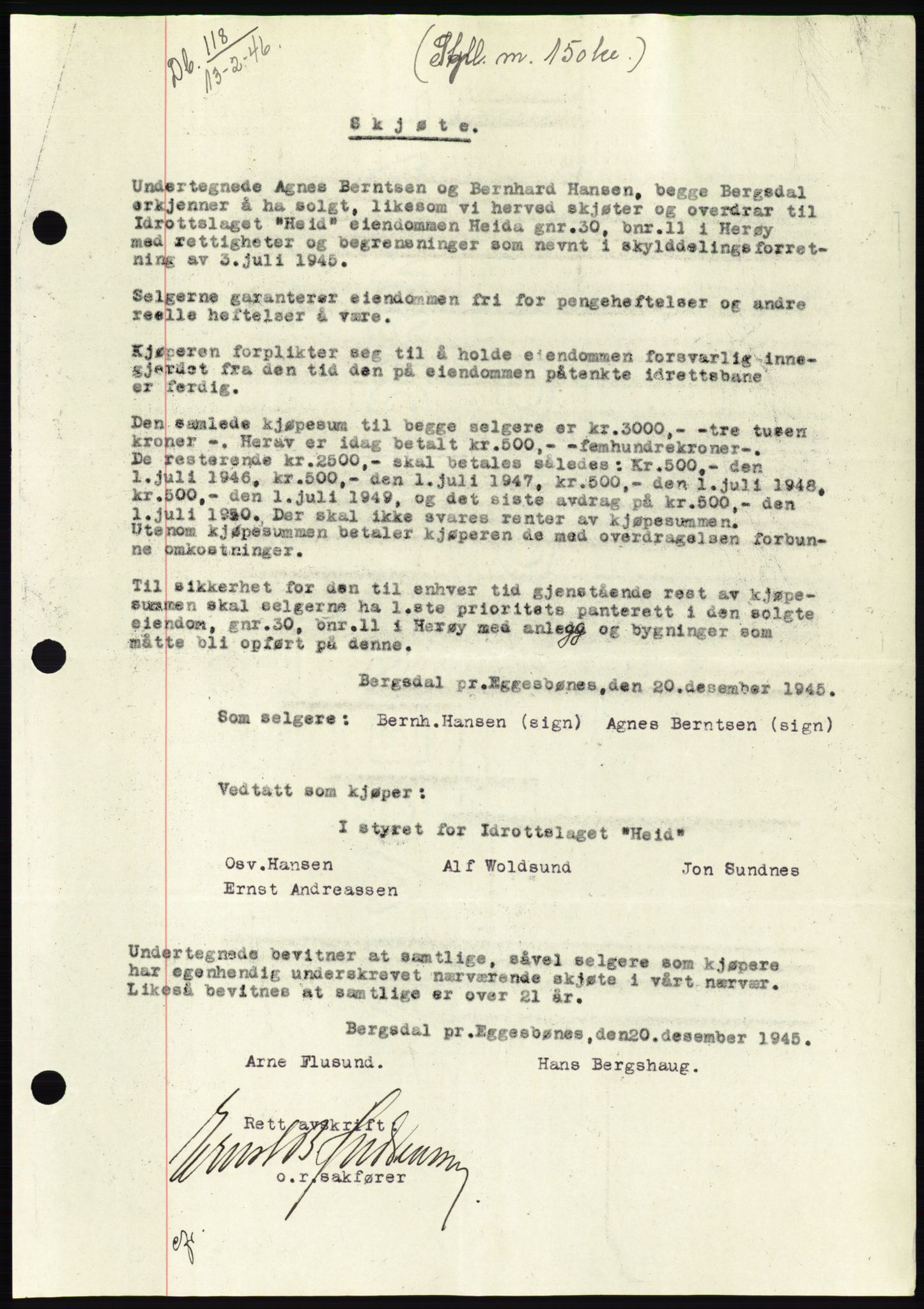 Søre Sunnmøre sorenskriveri, AV/SAT-A-4122/1/2/2C/L0078: Mortgage book no. 4A, 1946-1946, Diary no: : 118/1946