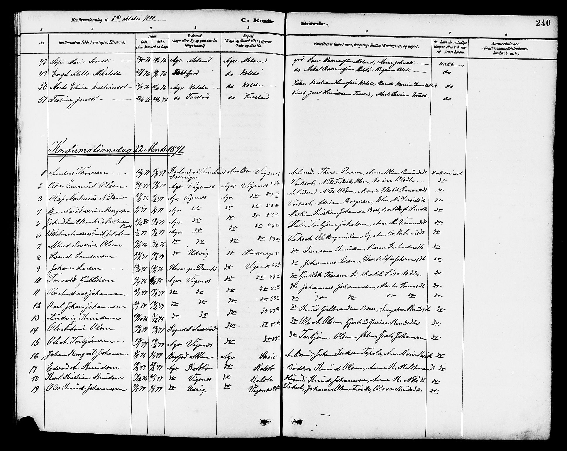 Avaldsnes sokneprestkontor, SAST/A -101851/H/Ha/Hab/L0007: Parish register (copy) no. B 7, 1885-1909, p. 240