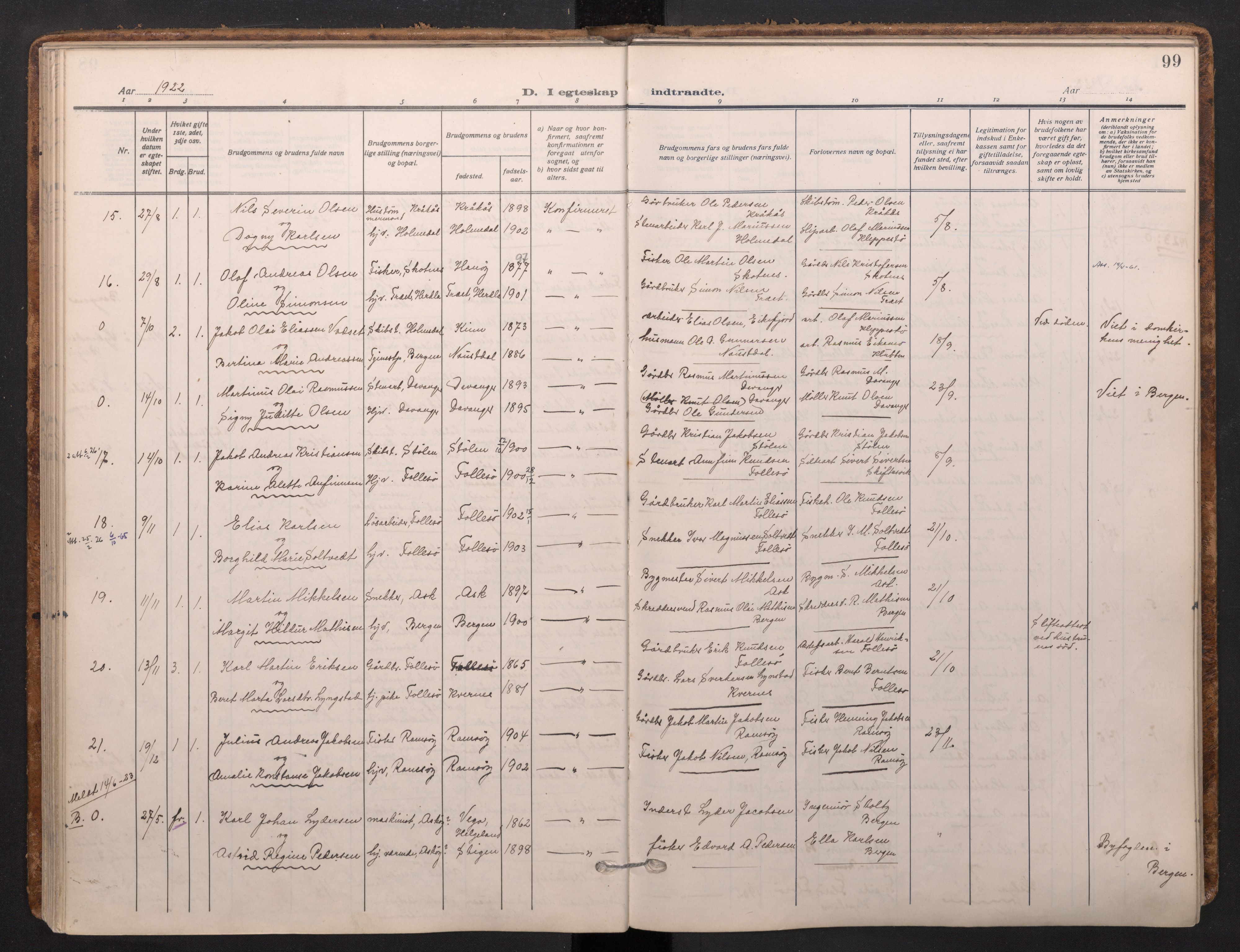 Askøy Sokneprestembete, AV/SAB-A-74101/H/Ha/Haa/Haad/L0002: Parish register (official) no. D 2, 1915-1935, p. 99