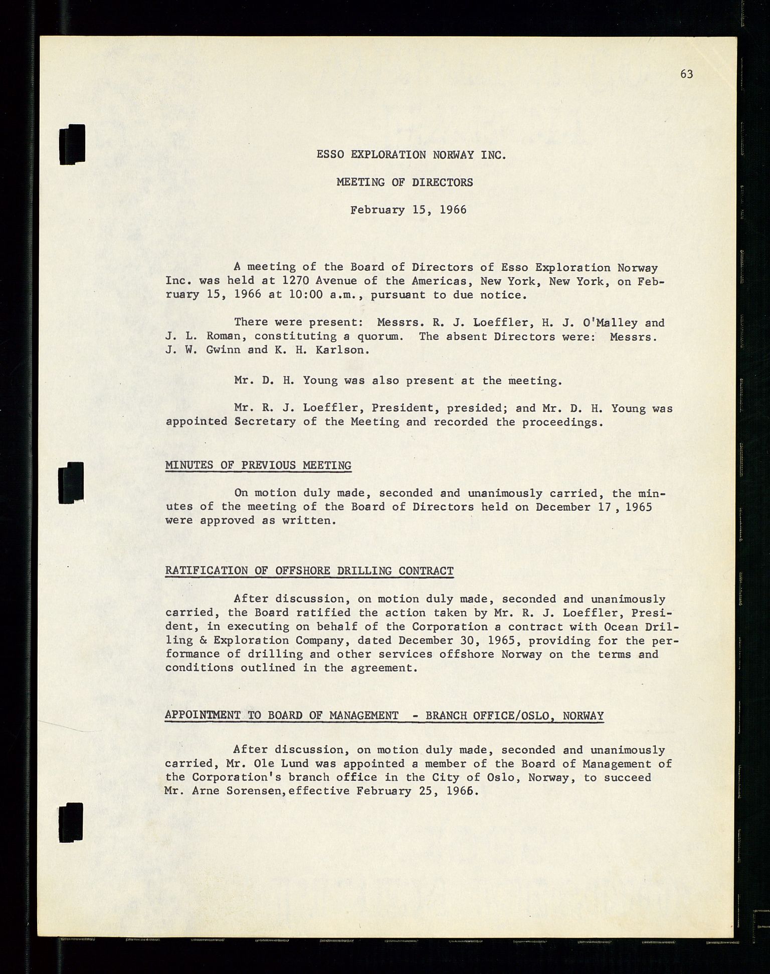 Pa 1512 - Esso Exploration and Production Norway Inc., AV/SAST-A-101917/A/Aa/L0001/0001: Styredokumenter / Corporate records, By-Laws, Board meeting minutes, Incorporations, 1965-1975, p. 63